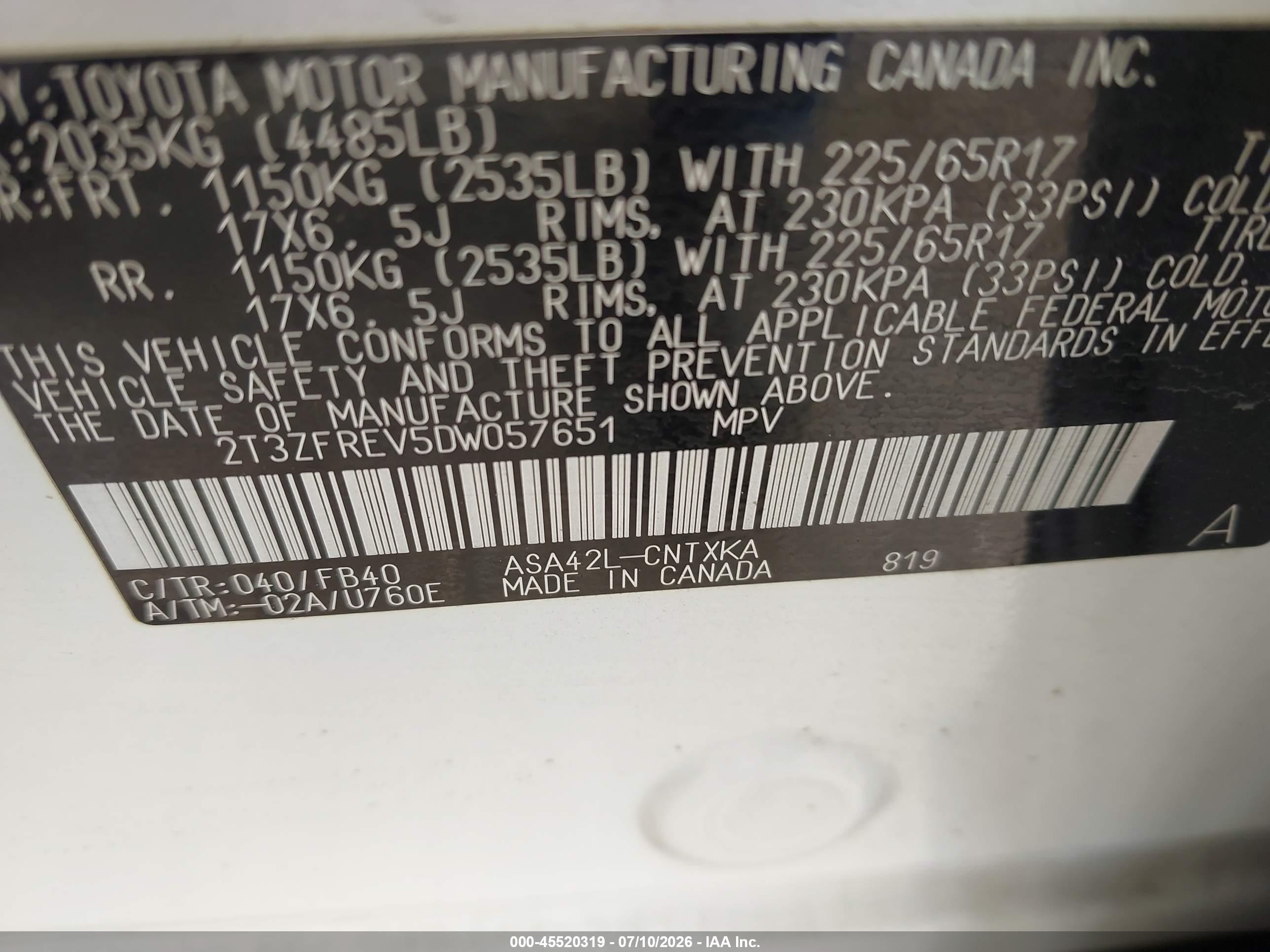 2013 Toyota Rav4 Le White vin: 2T3ZFREV5DW057651