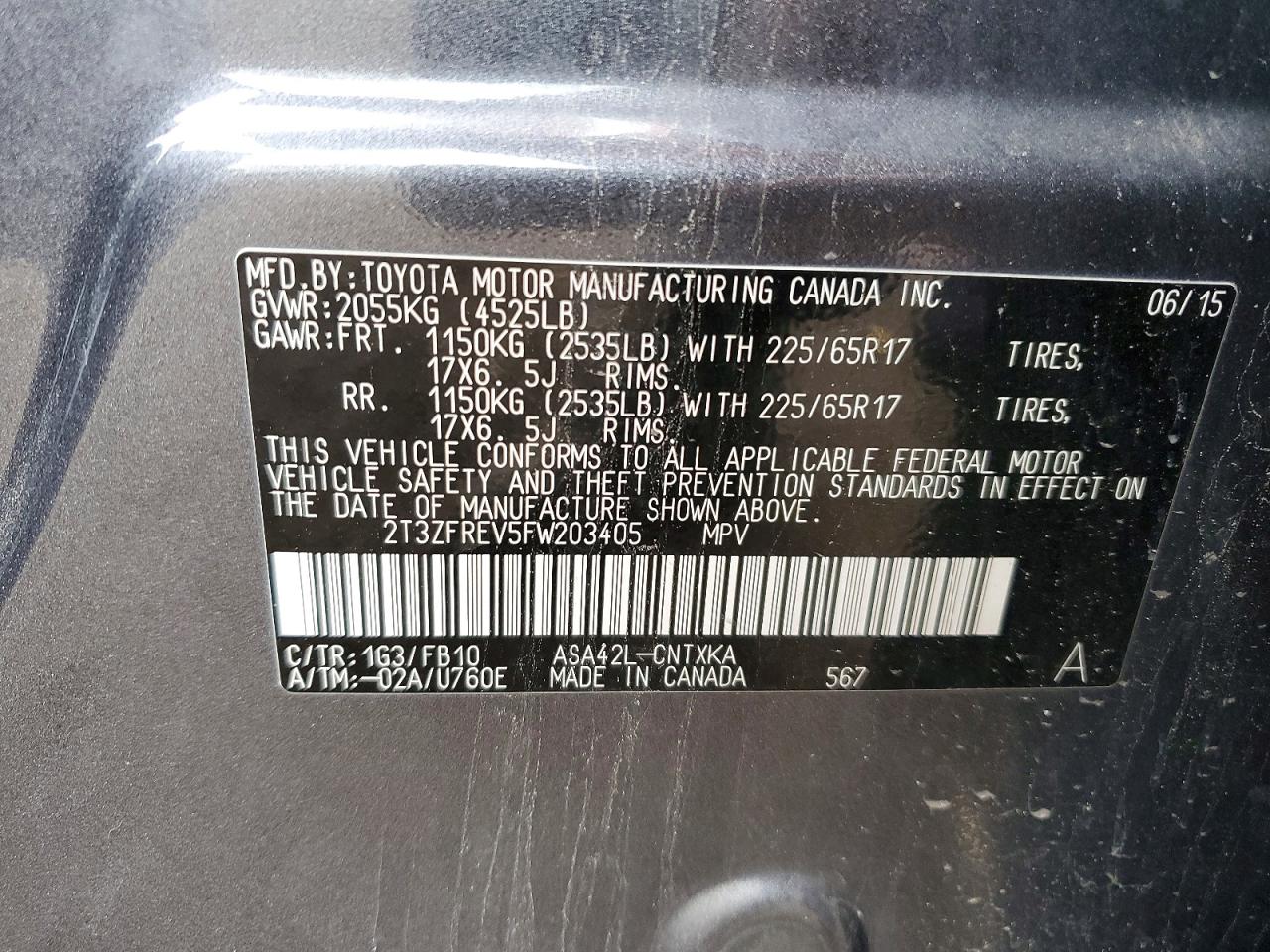 2015 Toyota Rav4 Le Gray vin: 2T3ZFREV5FW203405