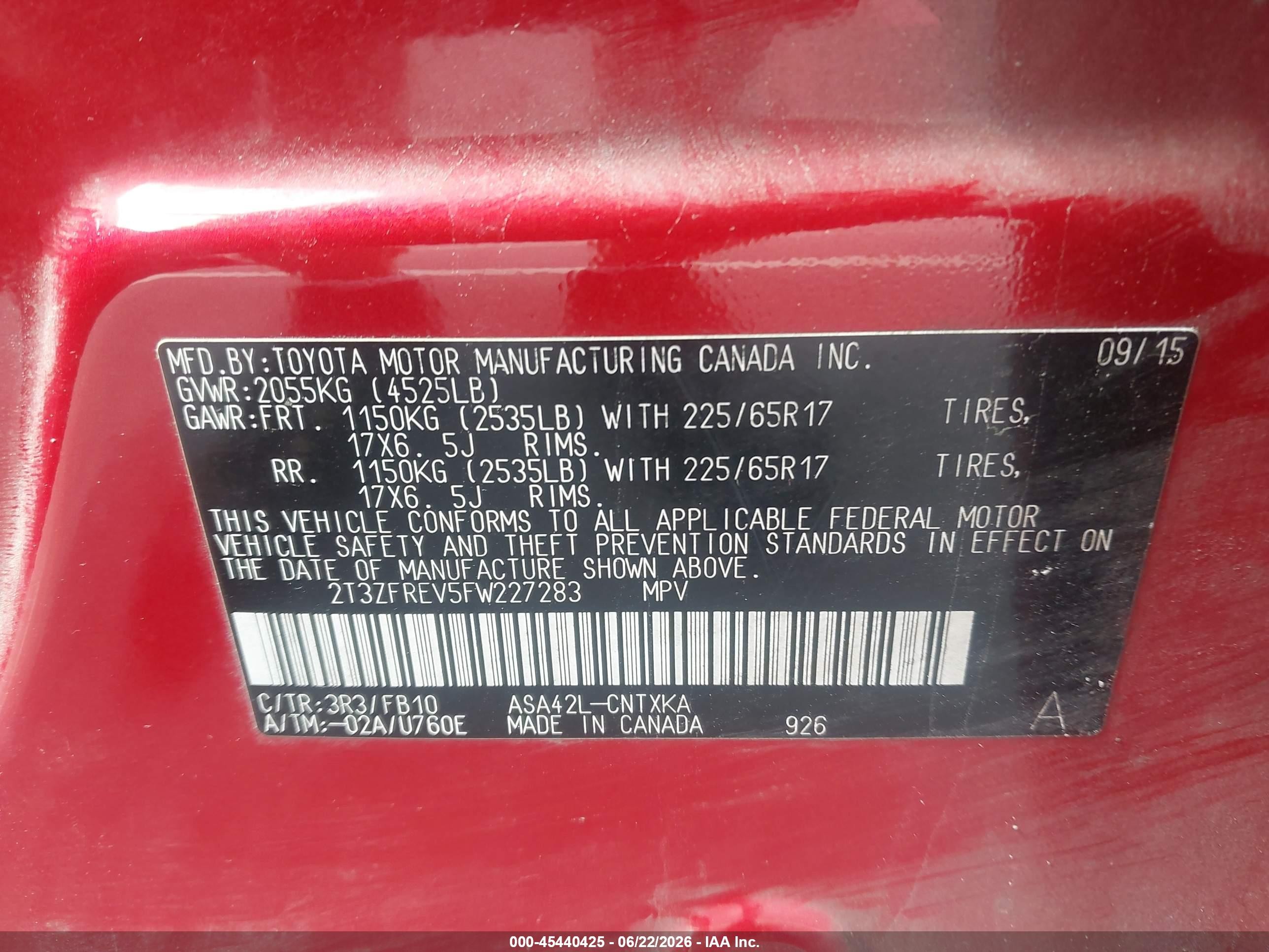 2015 Toyota Rav4 Le Red vin: 2T3ZFREV5FW227283