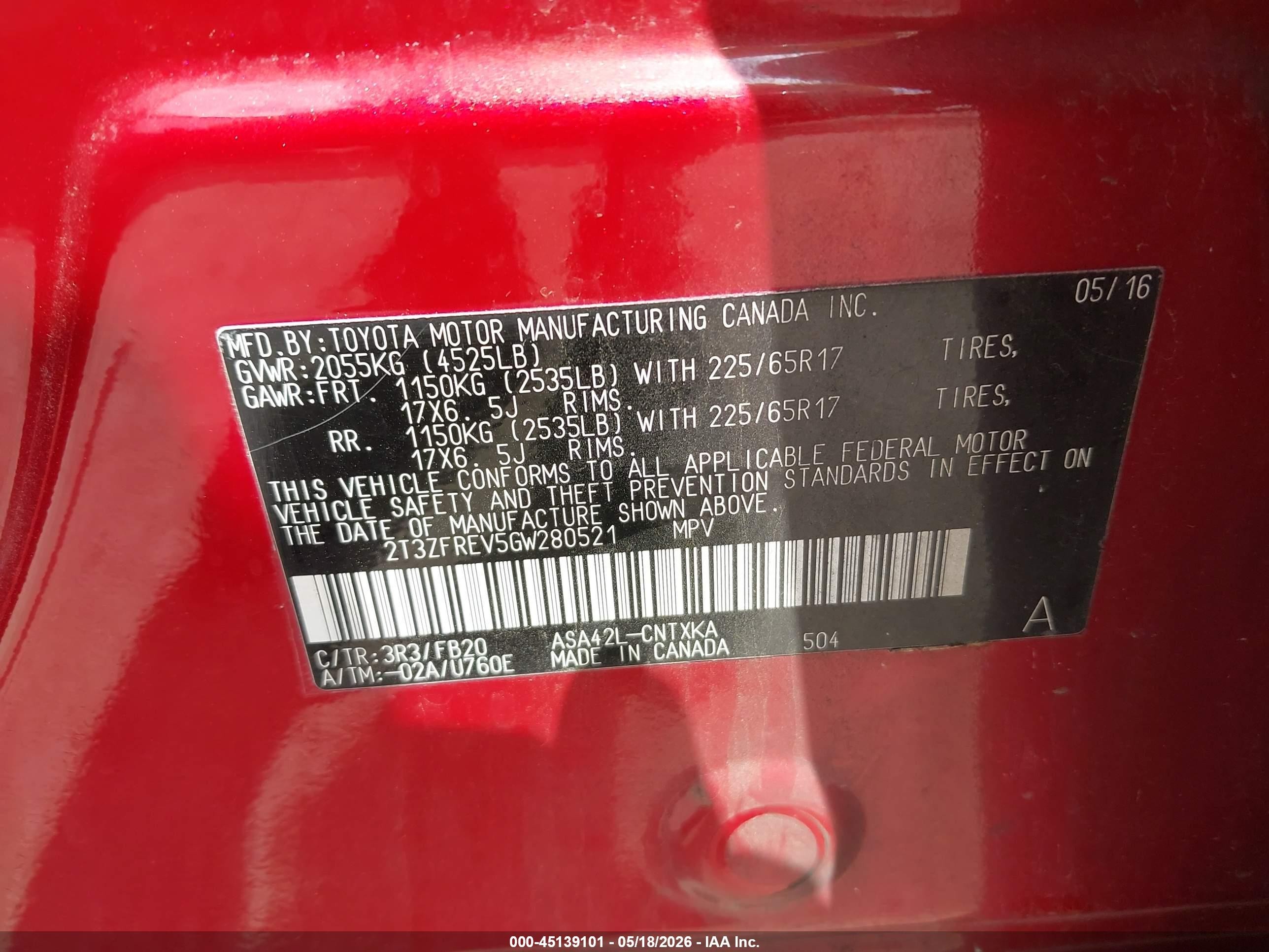 2016 Toyota Rav4 Le Red vin: 2T3ZFREV5GW280521