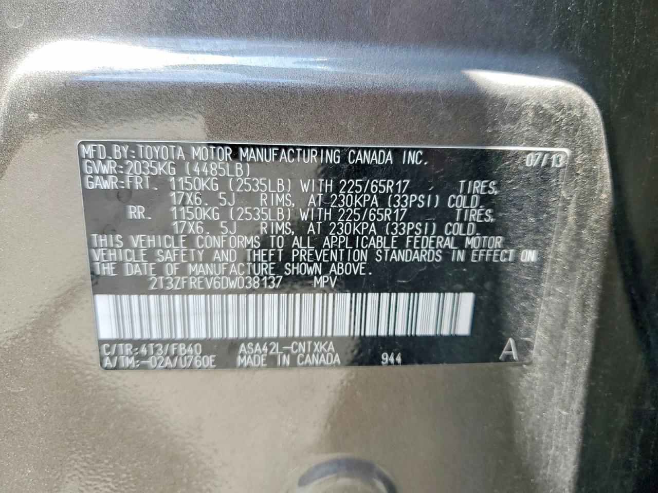 2013 Toyota Rav4 Le Charcoal vin: 2T3ZFREV6DW038137