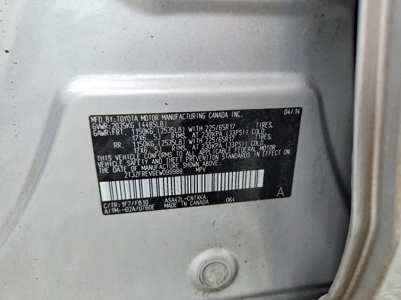 2014 Toyota Rav4 Le Silver vin: 2T3ZFREV6EW099988
