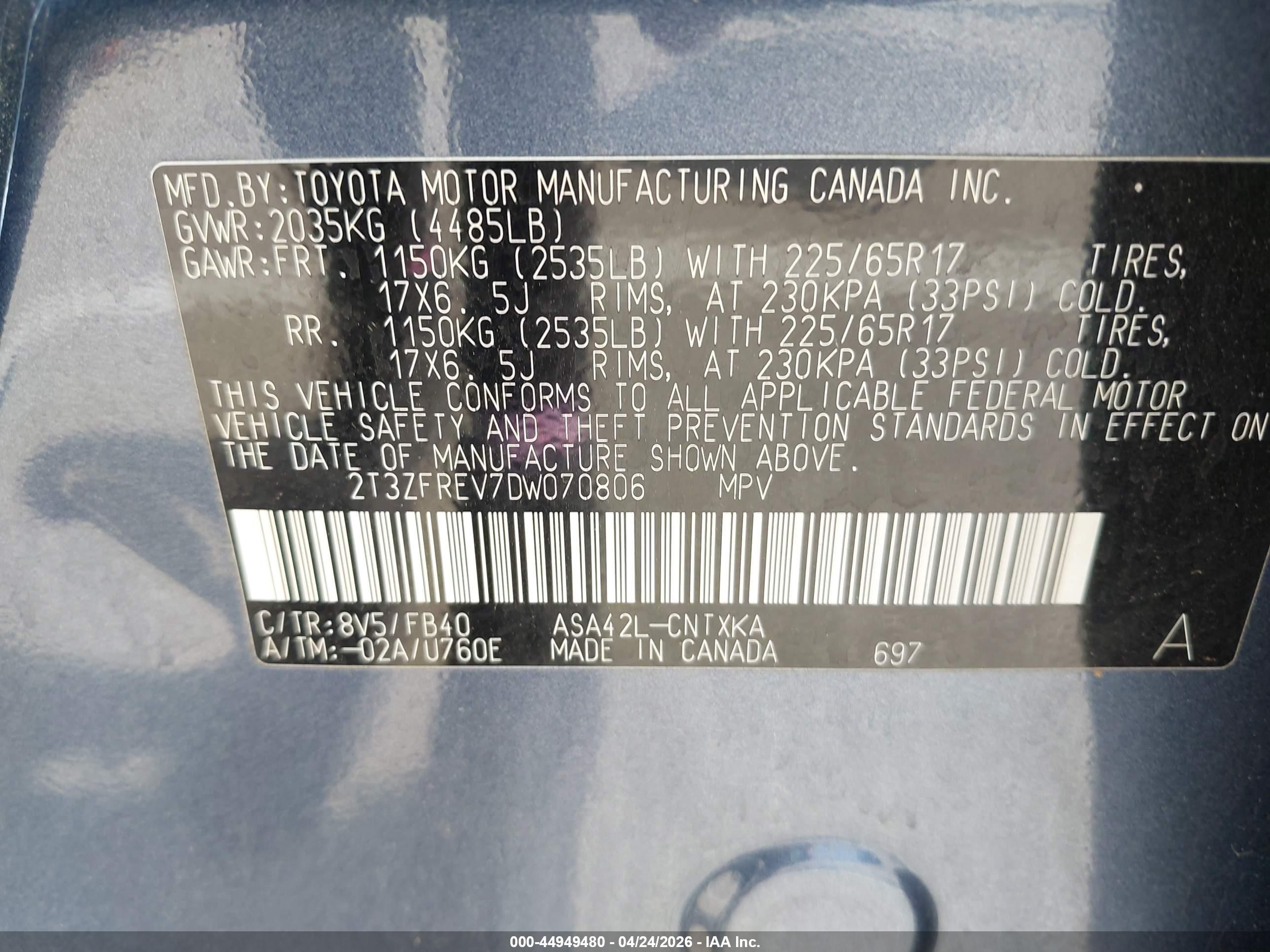 2013 Toyota Rav4 Le Blue vin: 2T3ZFREV7DW070806