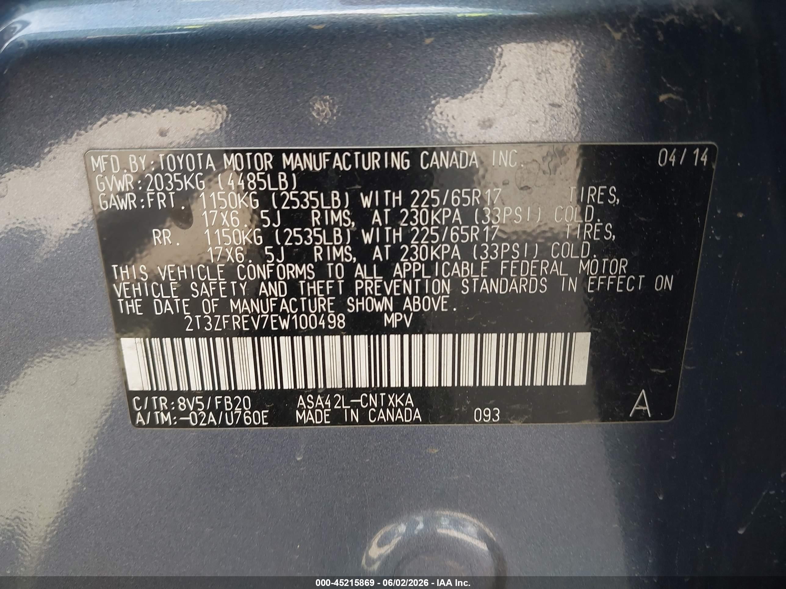 2014 Toyota Rav4 Le vin: 2T3ZFREV7EW100498