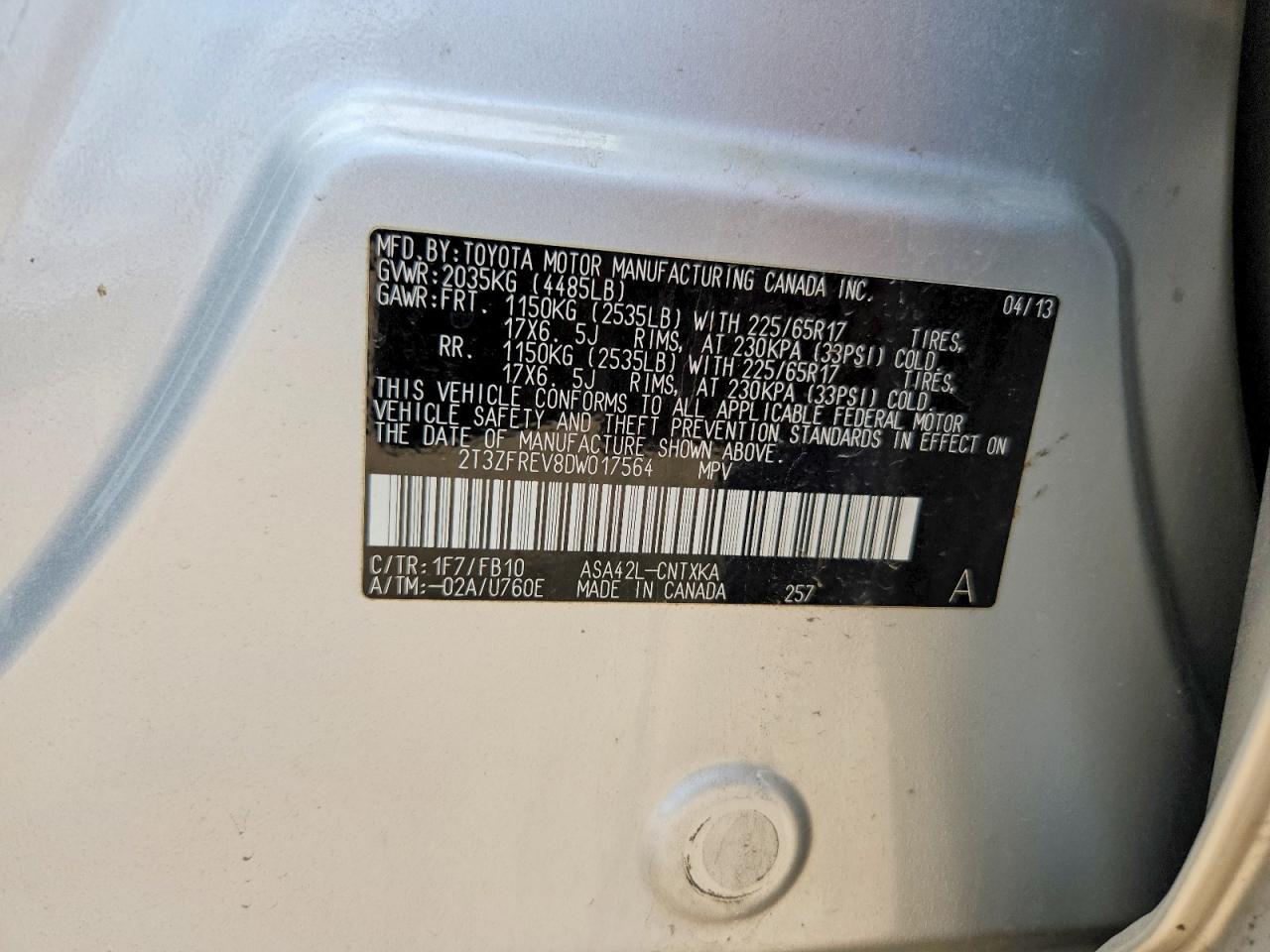 2013 Toyota Rav4 Le Silver vin: 2T3ZFREV8DW017564