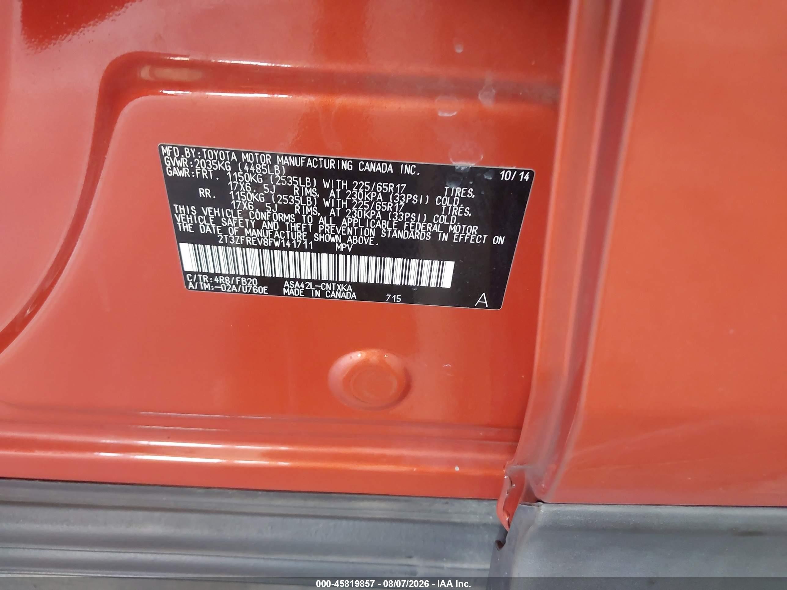 2015 Toyota Rav4 Le Orange vin: 2T3ZFREV8FW141711