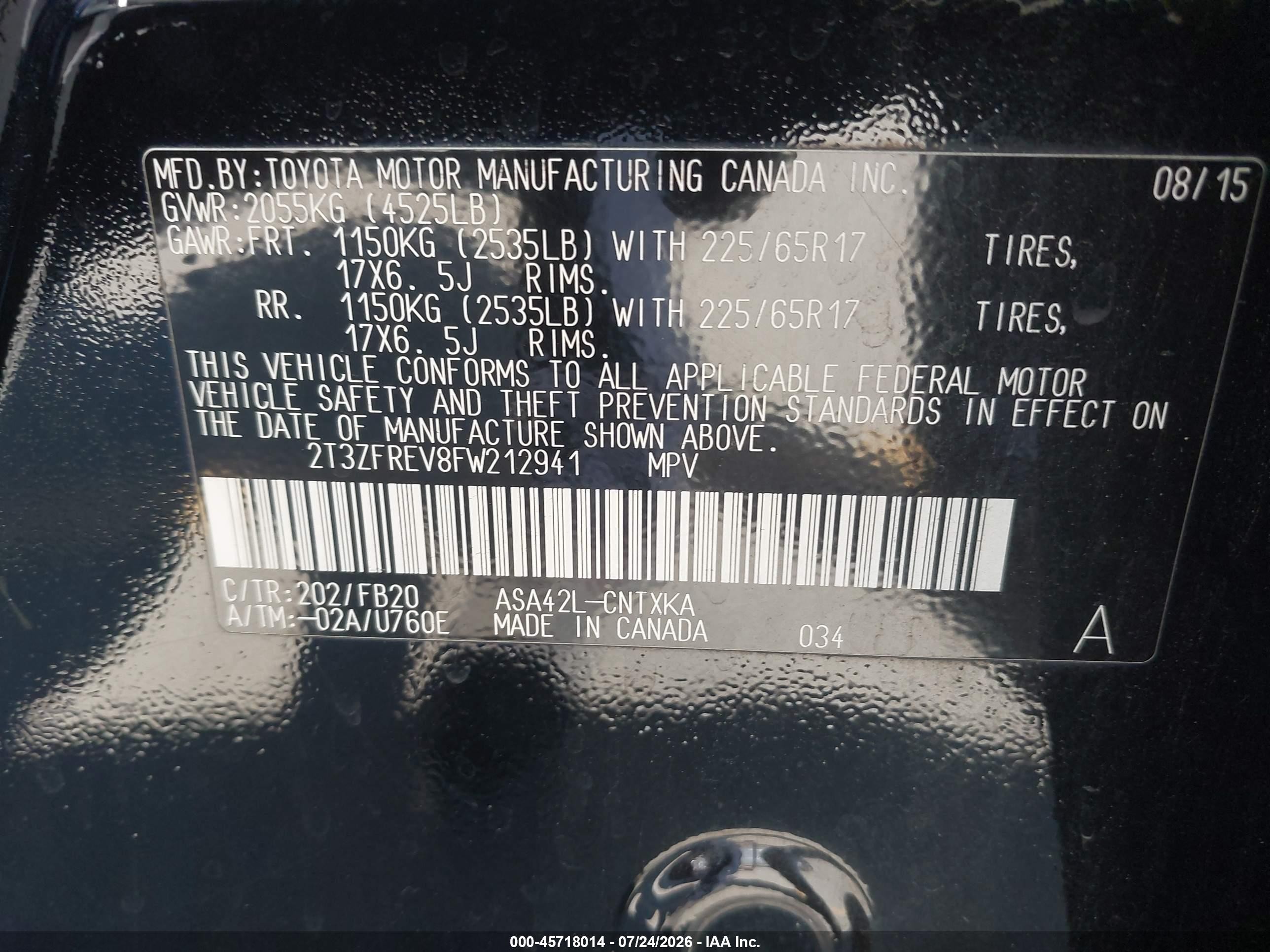 2015 Toyota Rav4 Le Черный vin: 2T3ZFREV8FW212941