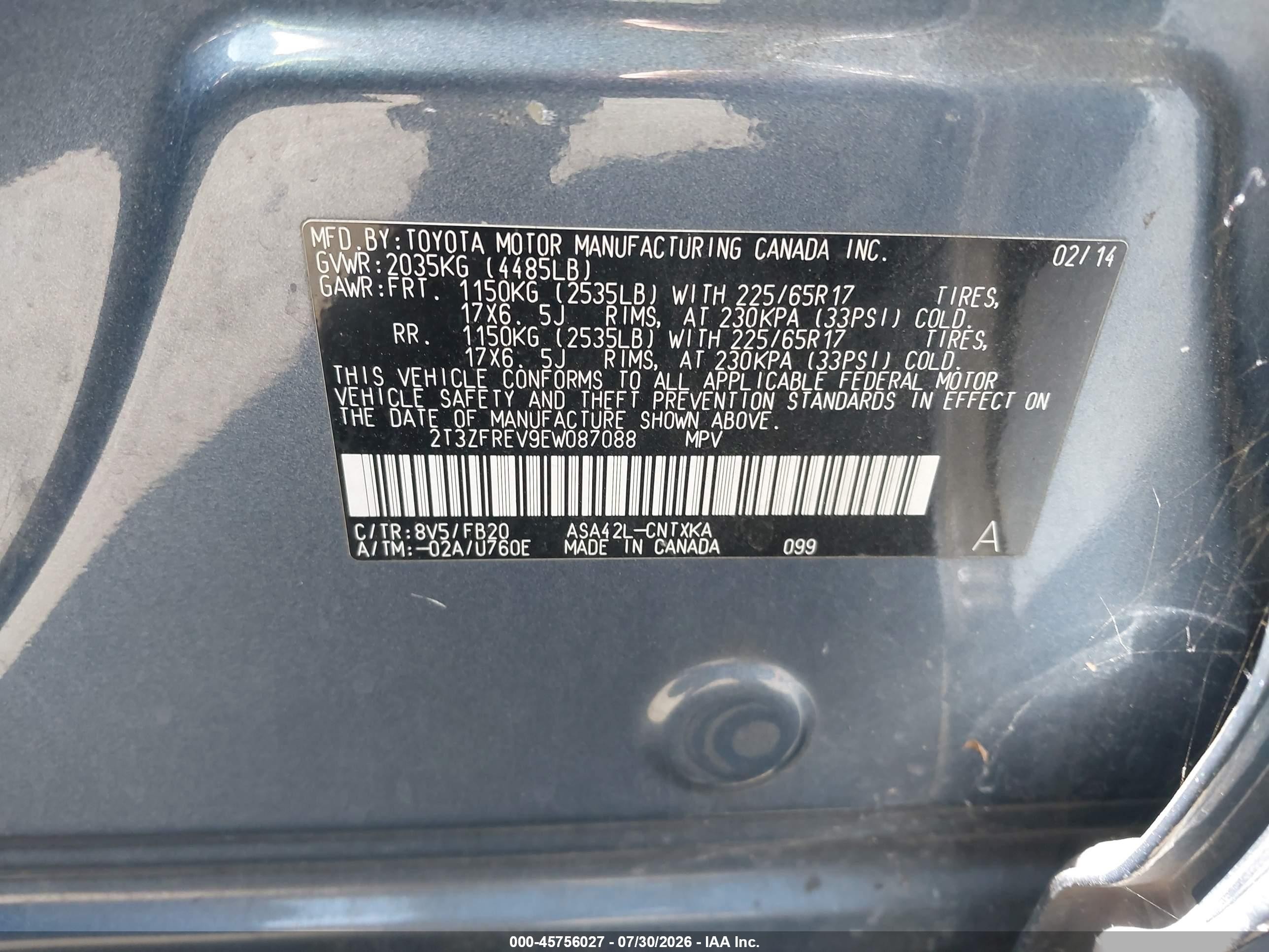 2014 Toyota Rav4 Le Blue vin: 2T3ZFREV9EW087088
