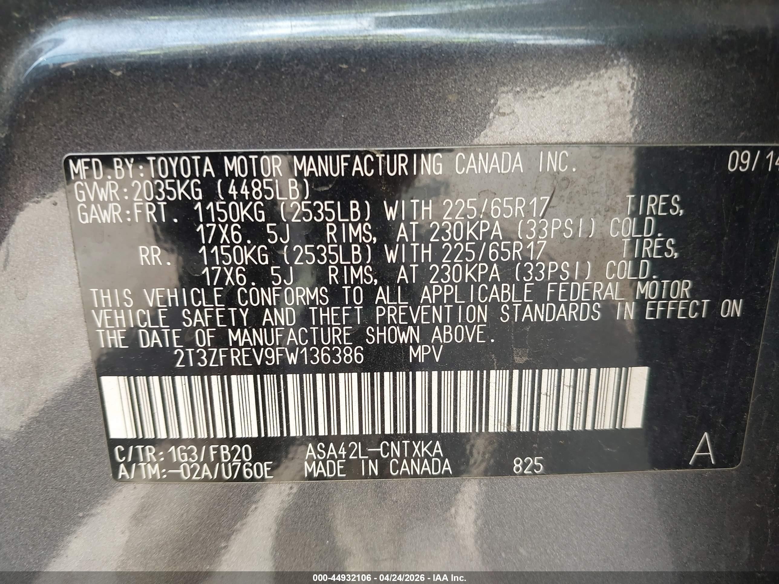2015 Toyota Rav4 Le Gray vin: 2T3ZFREV9FW136386