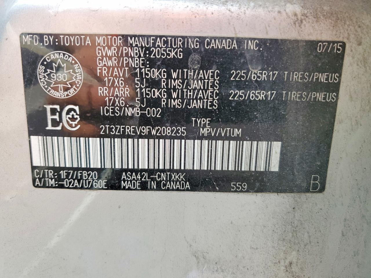 2015 Toyota Rav4 Le Silver vin: 2T3ZFREV9FW208235