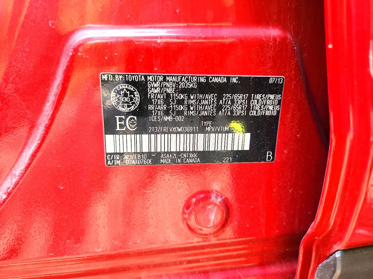 2013 Toyota Rav4 Le Red vin: 2T3ZFREVXDW036911