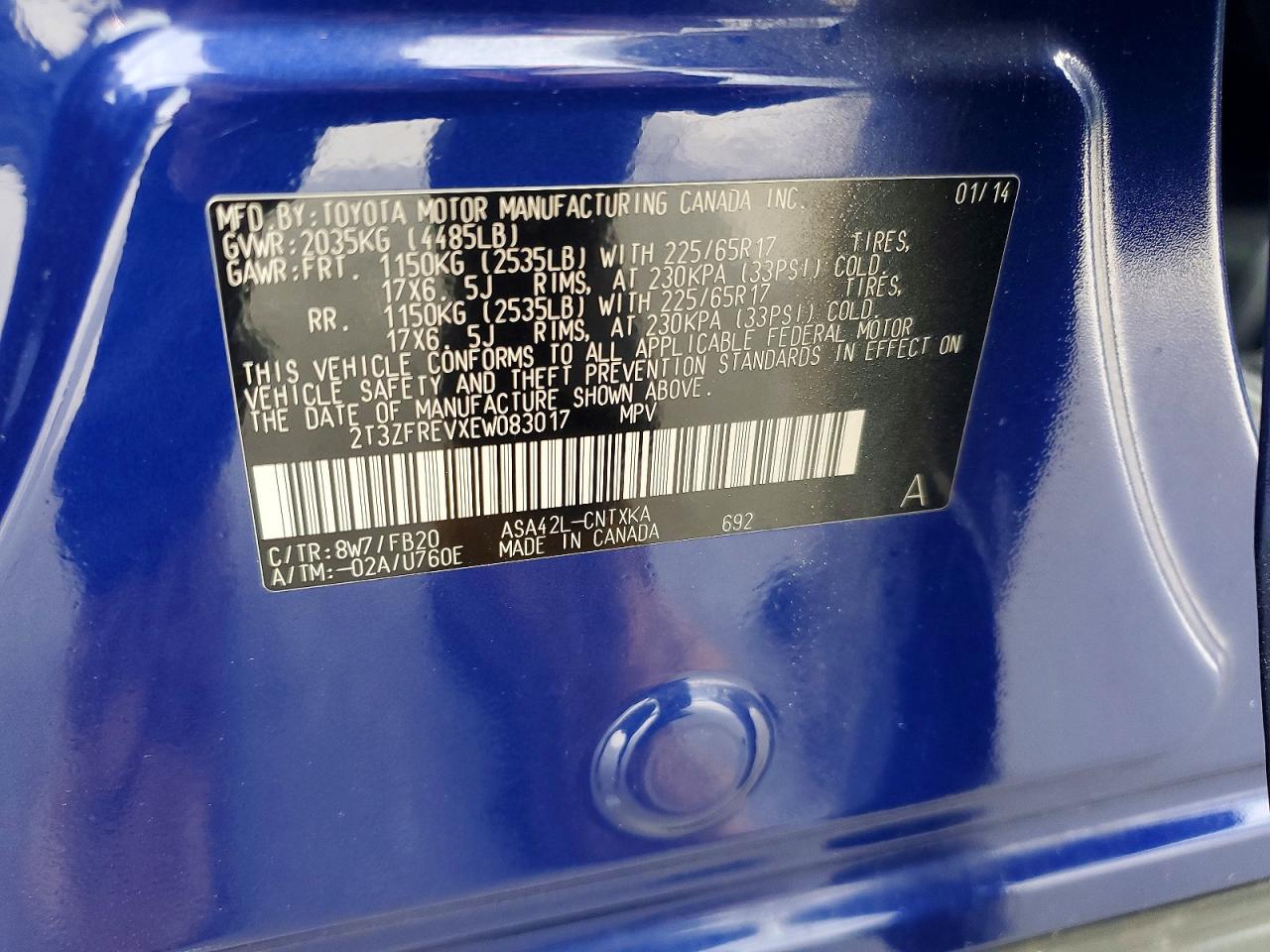 2014 Toyota Rav4 Le Blue vin: 2T3ZFREVXEW083017