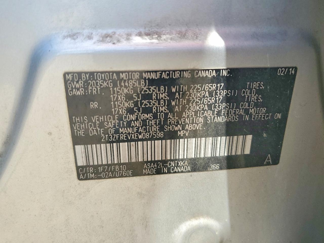 2014 Toyota Rav4 Le Silver vin: 2T3ZFREVXEW087598