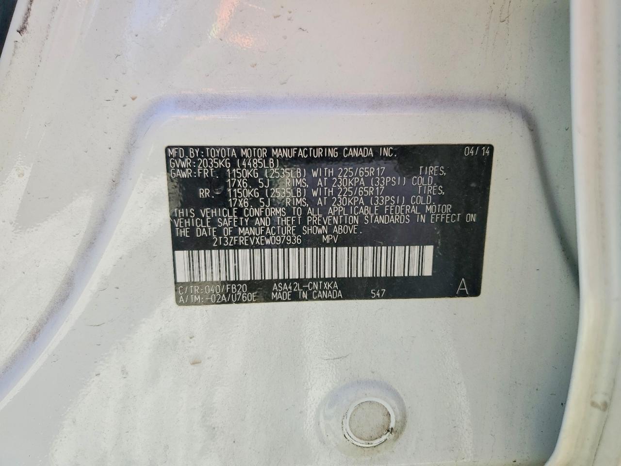 2014 Toyota Rav4 Le Белый vin: 2T3ZFREVXEW097936
