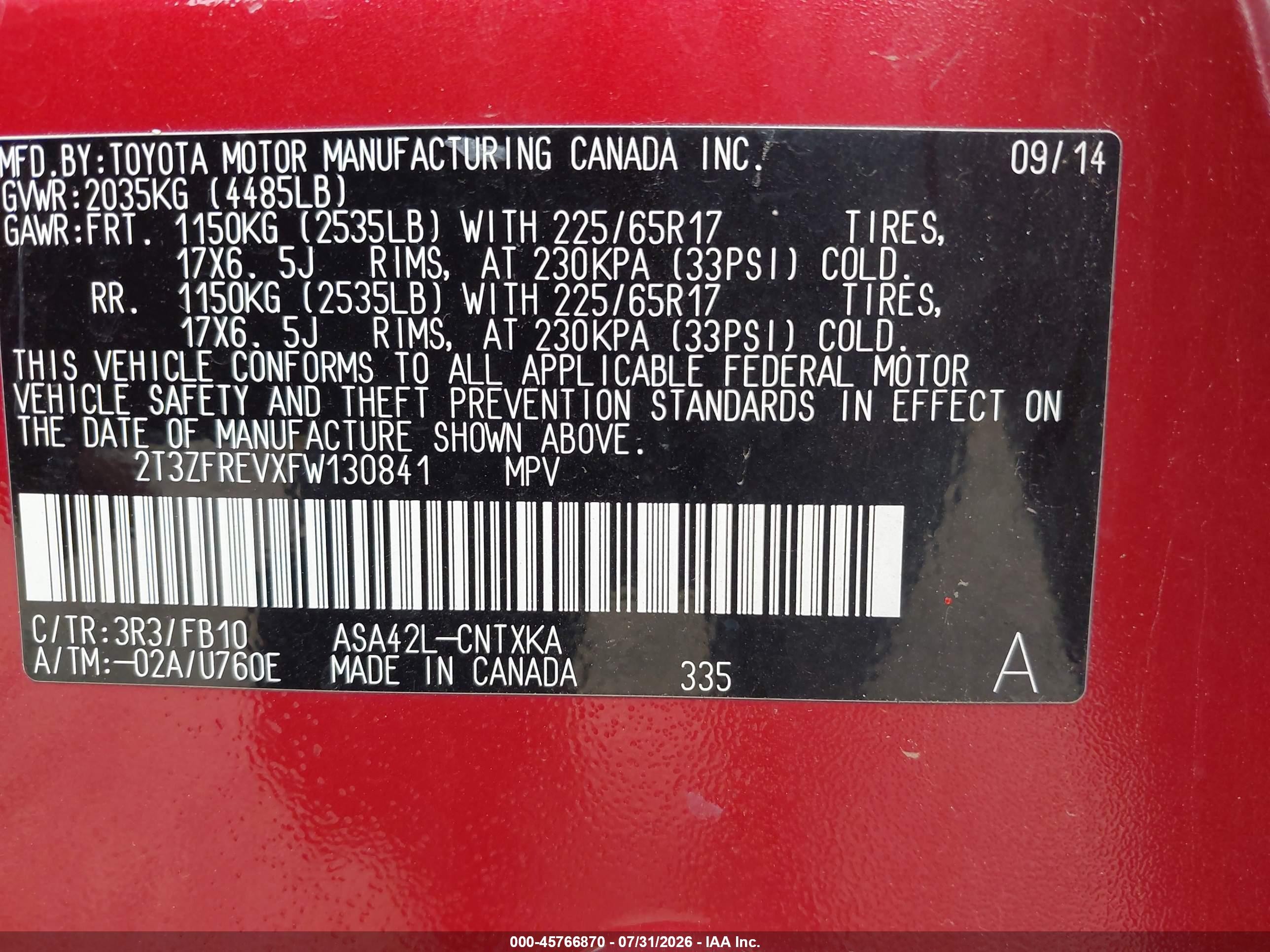 2015 Toyota Rav4 Le Red vin: 2T3ZFREVXFW130841