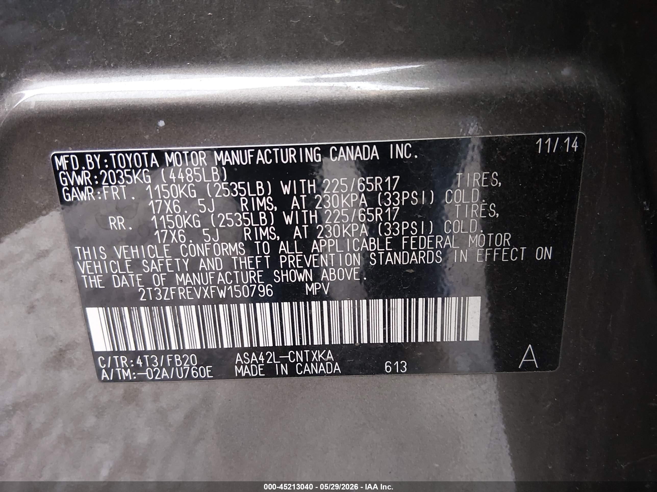 2015 Toyota Rav4 Le Gray vin: 2T3ZFREVXFW150796