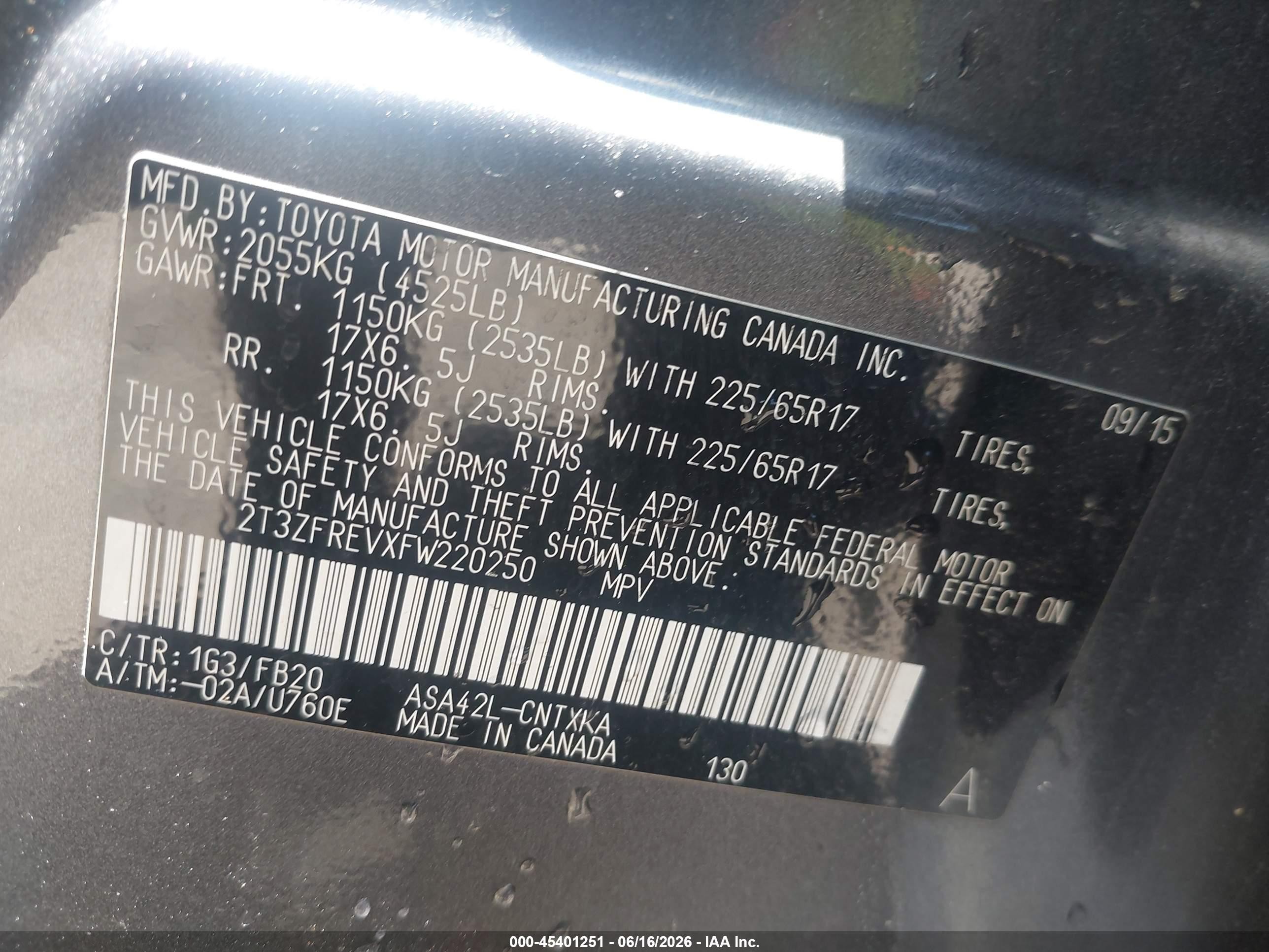 2015 Toyota Rav4 Le Gray vin: 2T3ZFREVXFW220250