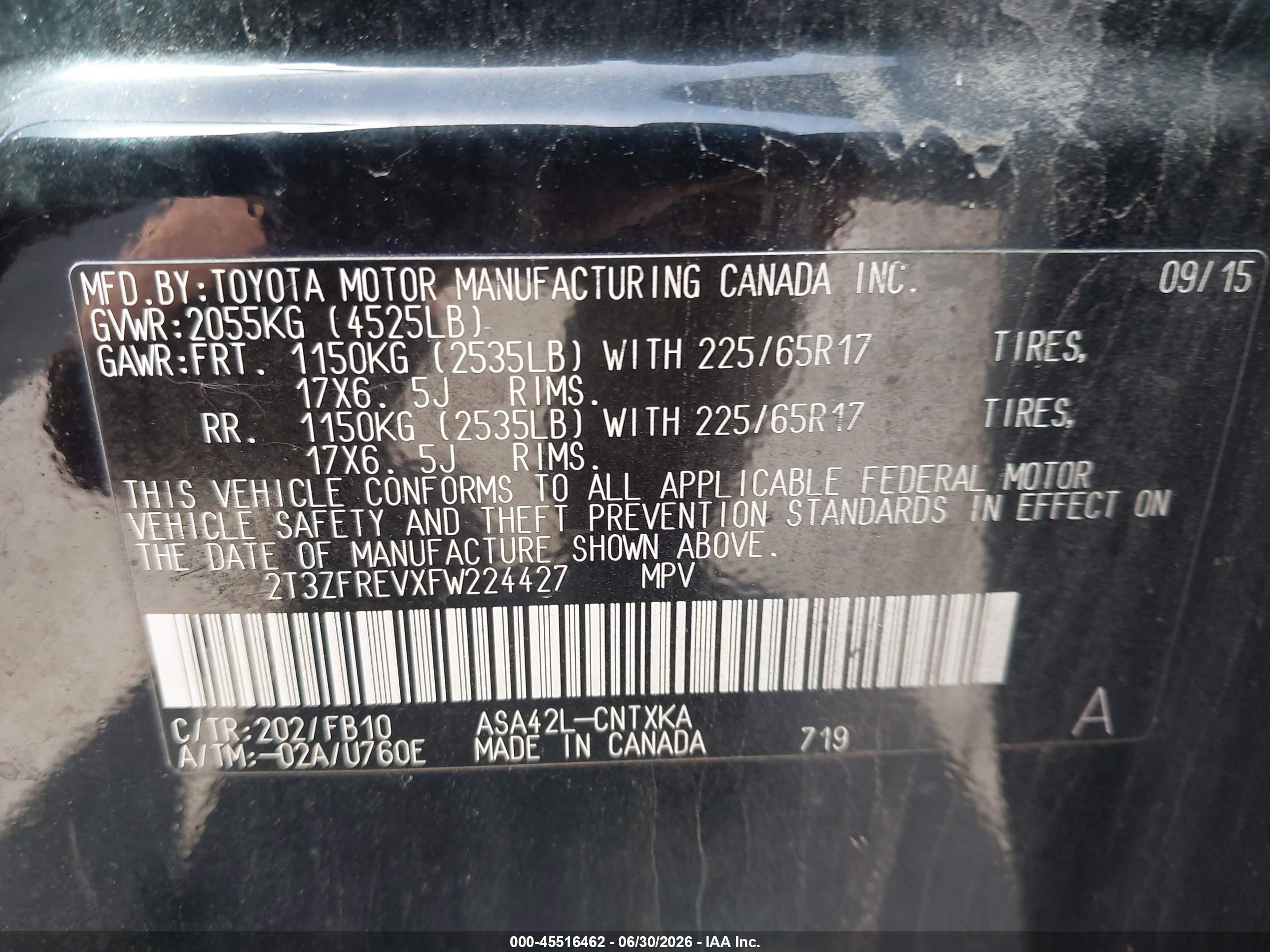 2015 Toyota Rav4 Le Black vin: 2T3ZFREVXFW224427