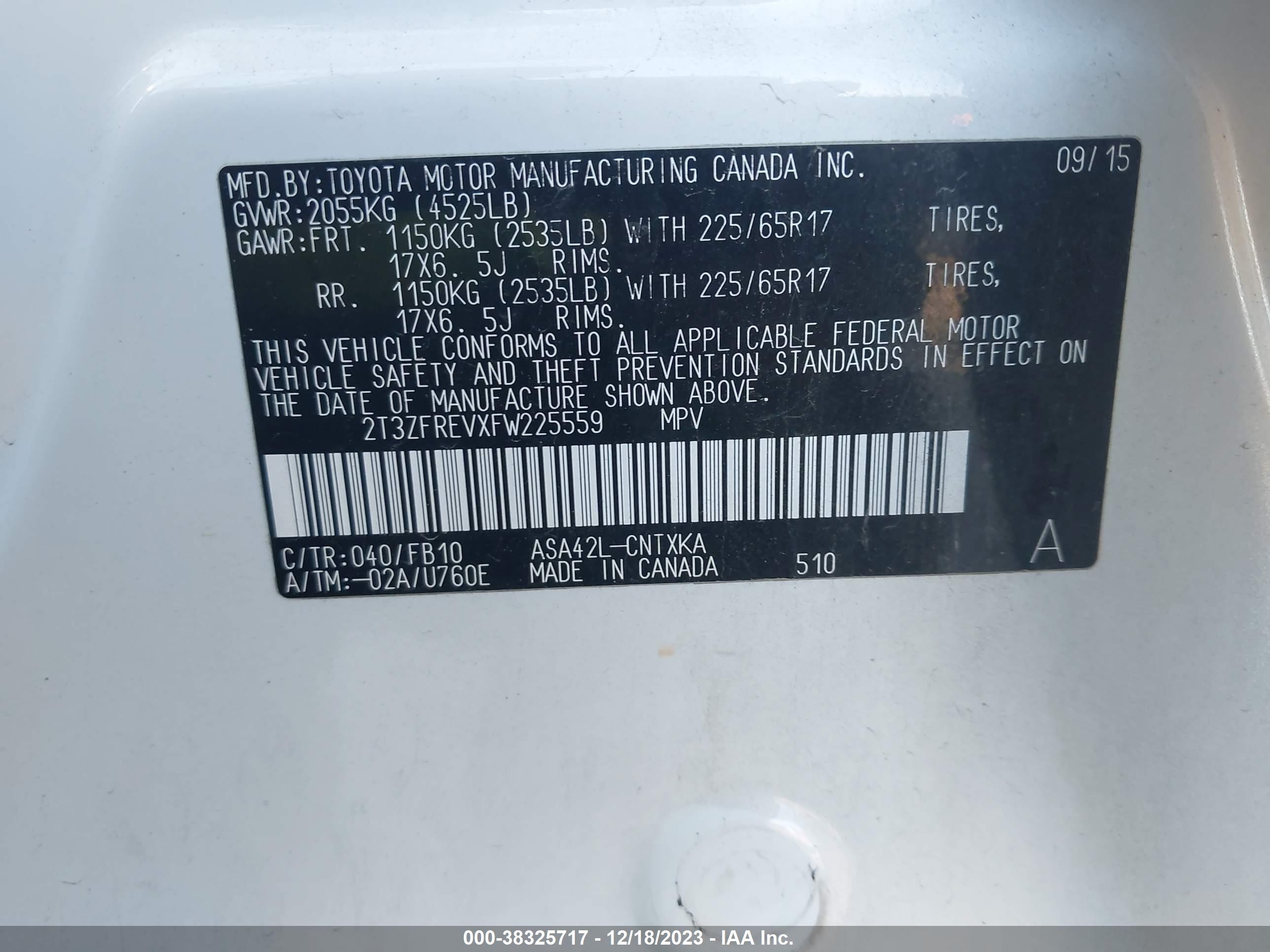 2015 Toyota Rav4 Le White vin: 2T3ZFREVXFW225559