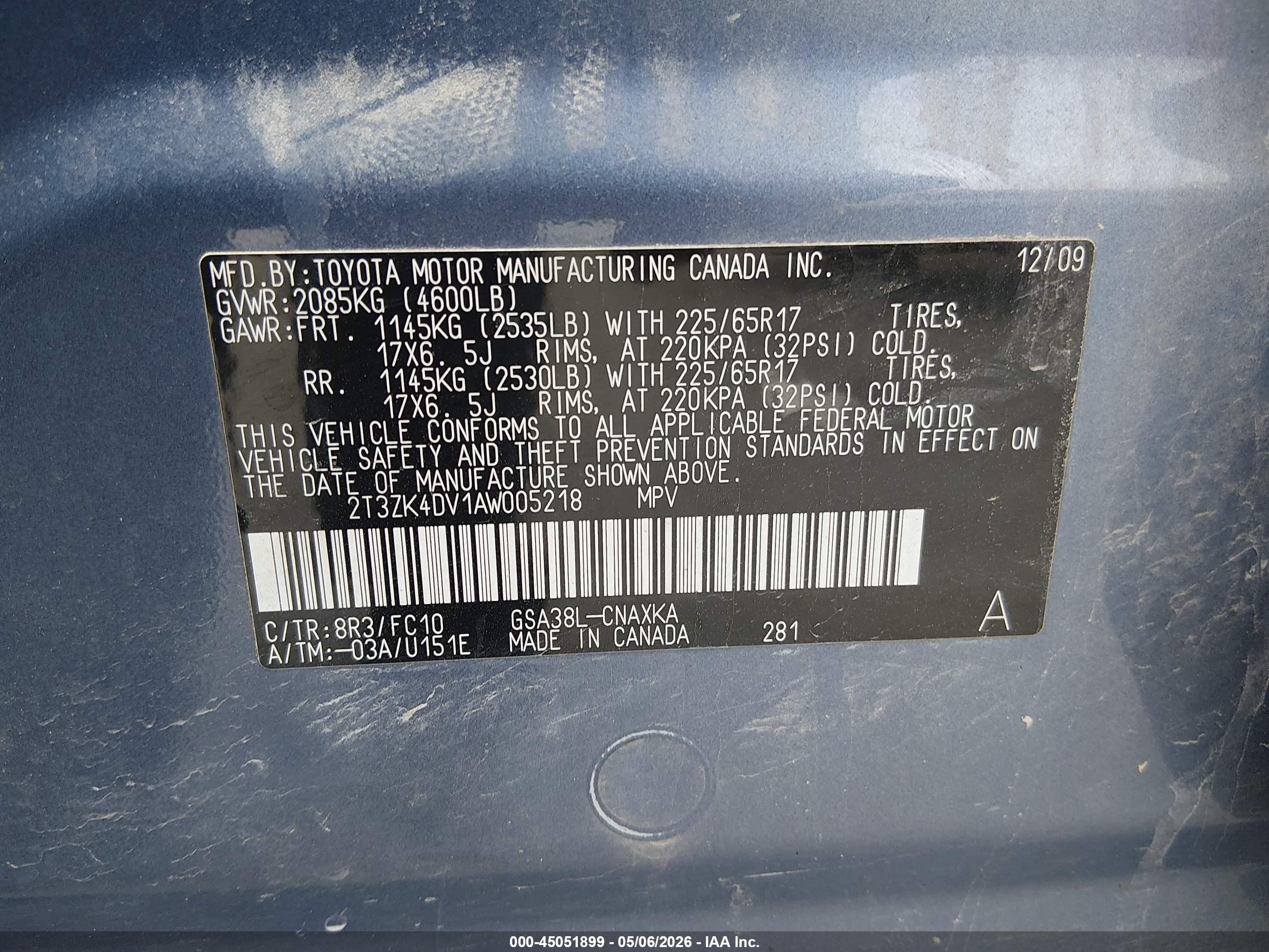 2010 Toyota Rav4 Base V6 Blue vin: 2T3ZK4DV1AW005218
