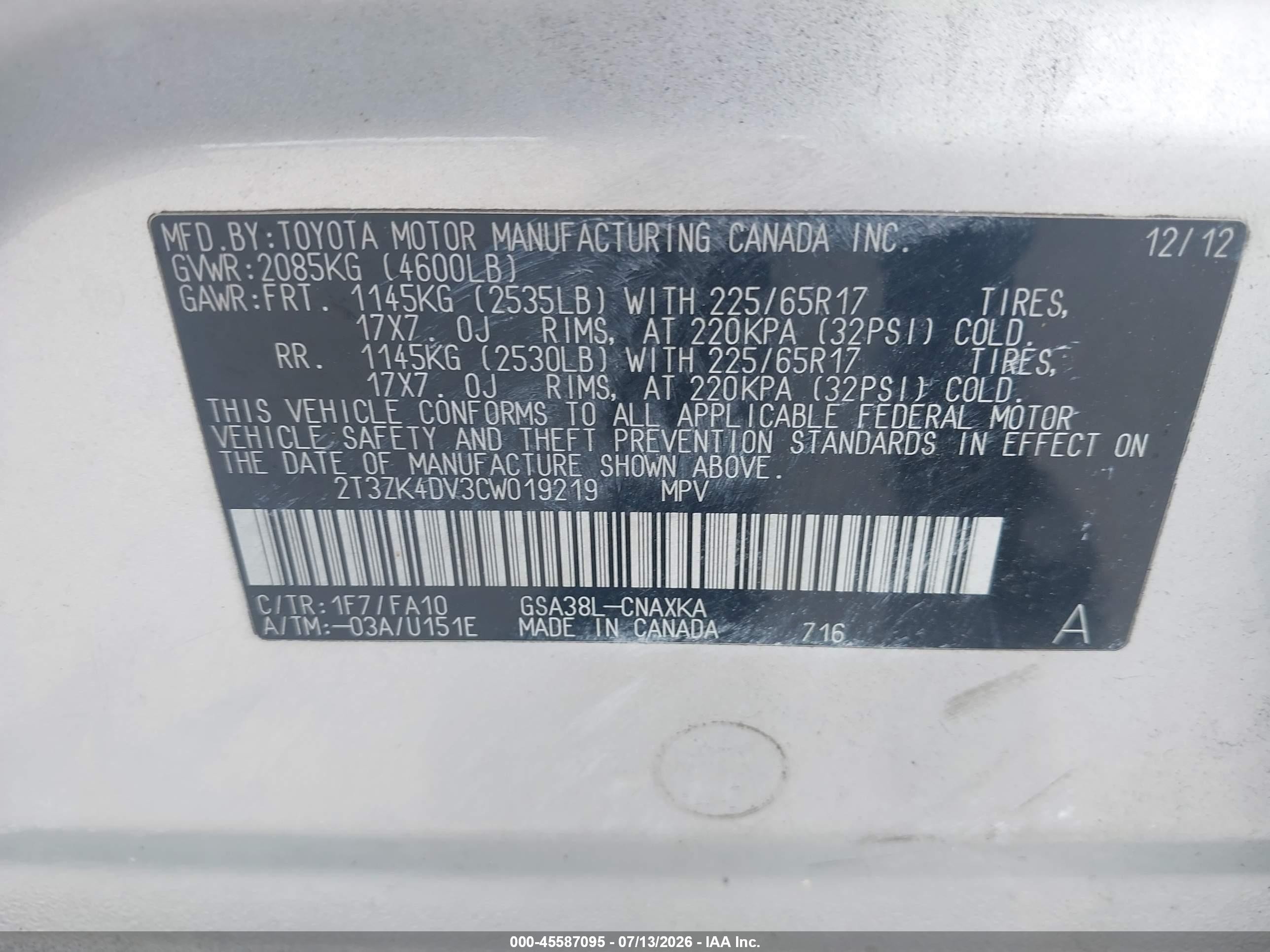 2012 Toyota Rav4 Base V6 Silver vin: 2T3ZK4DV3CW019219