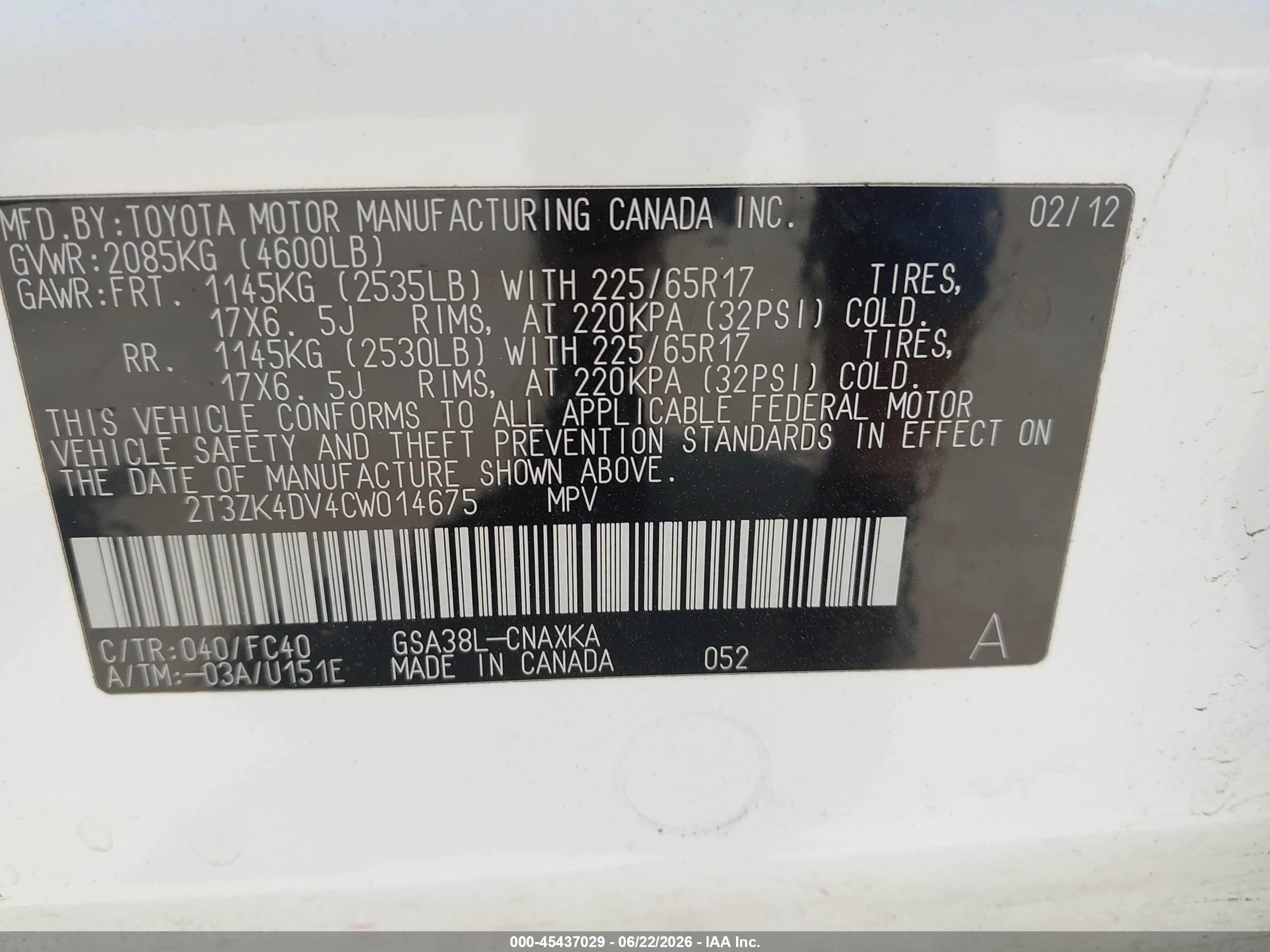 2012 Toyota Rav4 Base V6 White vin: 2T3ZK4DV4CW014675