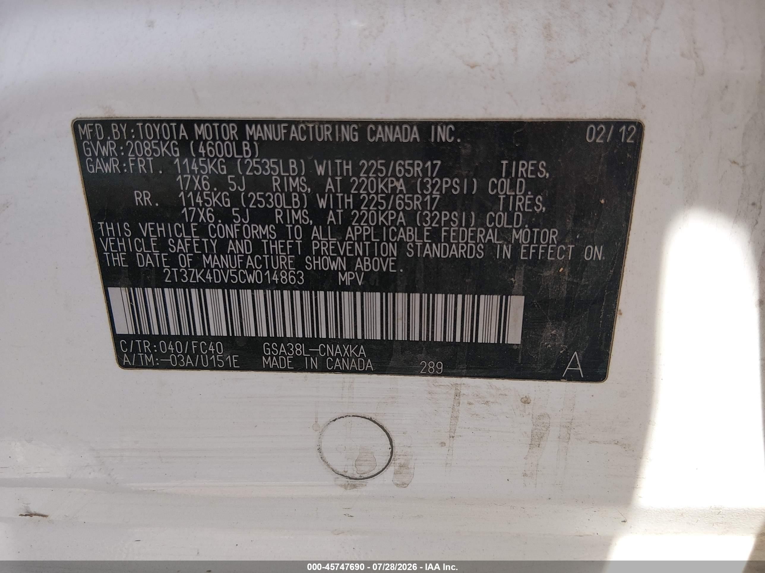 2012 Toyota Rav4 Base V6 Белый vin: 2T3ZK4DV5CW014863