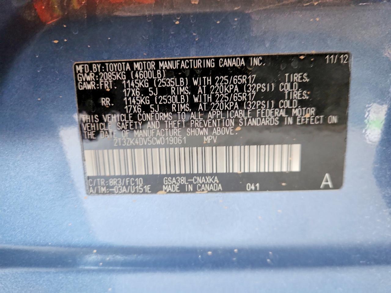 2012 Toyota Rav4 Base Blue vin: 2T3ZK4DV5CW019061