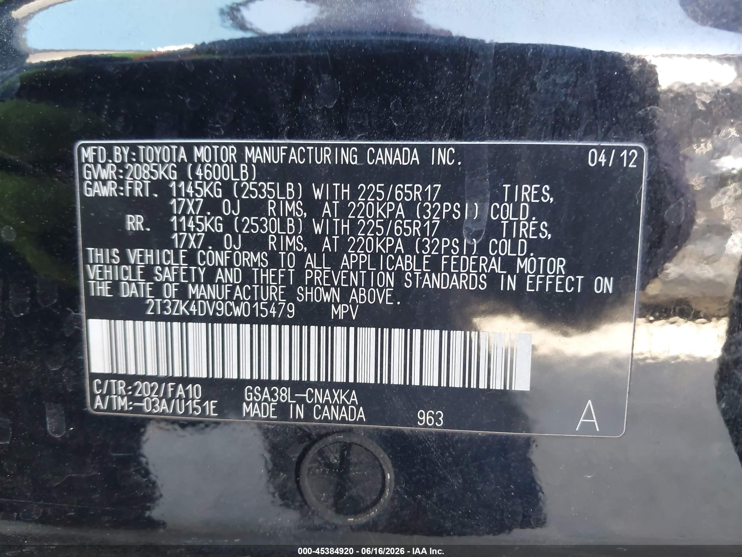 2012 Toyota Rav4 Base V6 Black vin: 2T3ZK4DV9CW015479