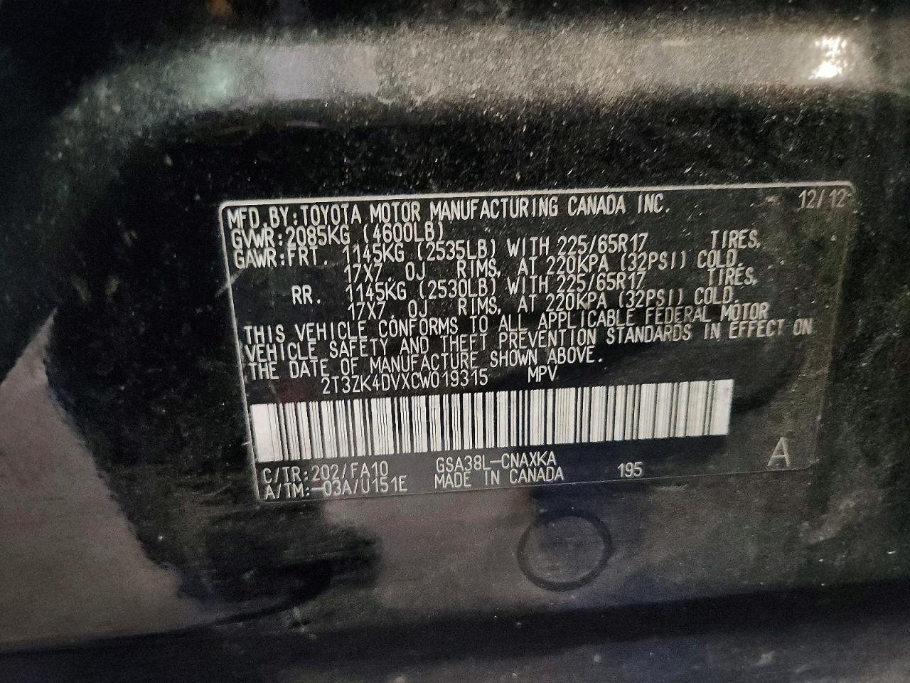 2012 Toyota Rav4 Black vin: 2T3ZK4DVXCW019315