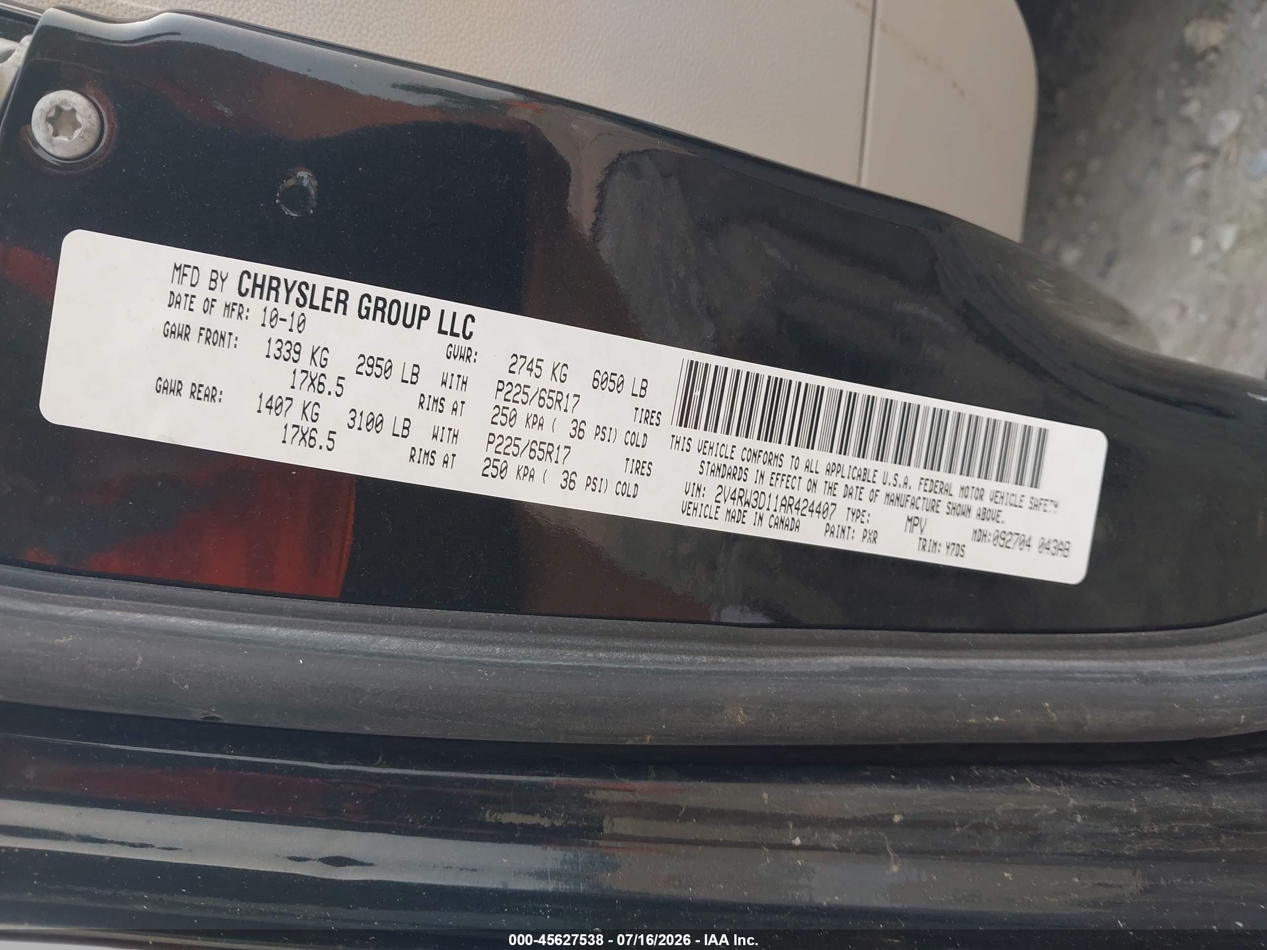 2010 Volkswagen Routan Se Black vin: 2V4RW3D11AR424407