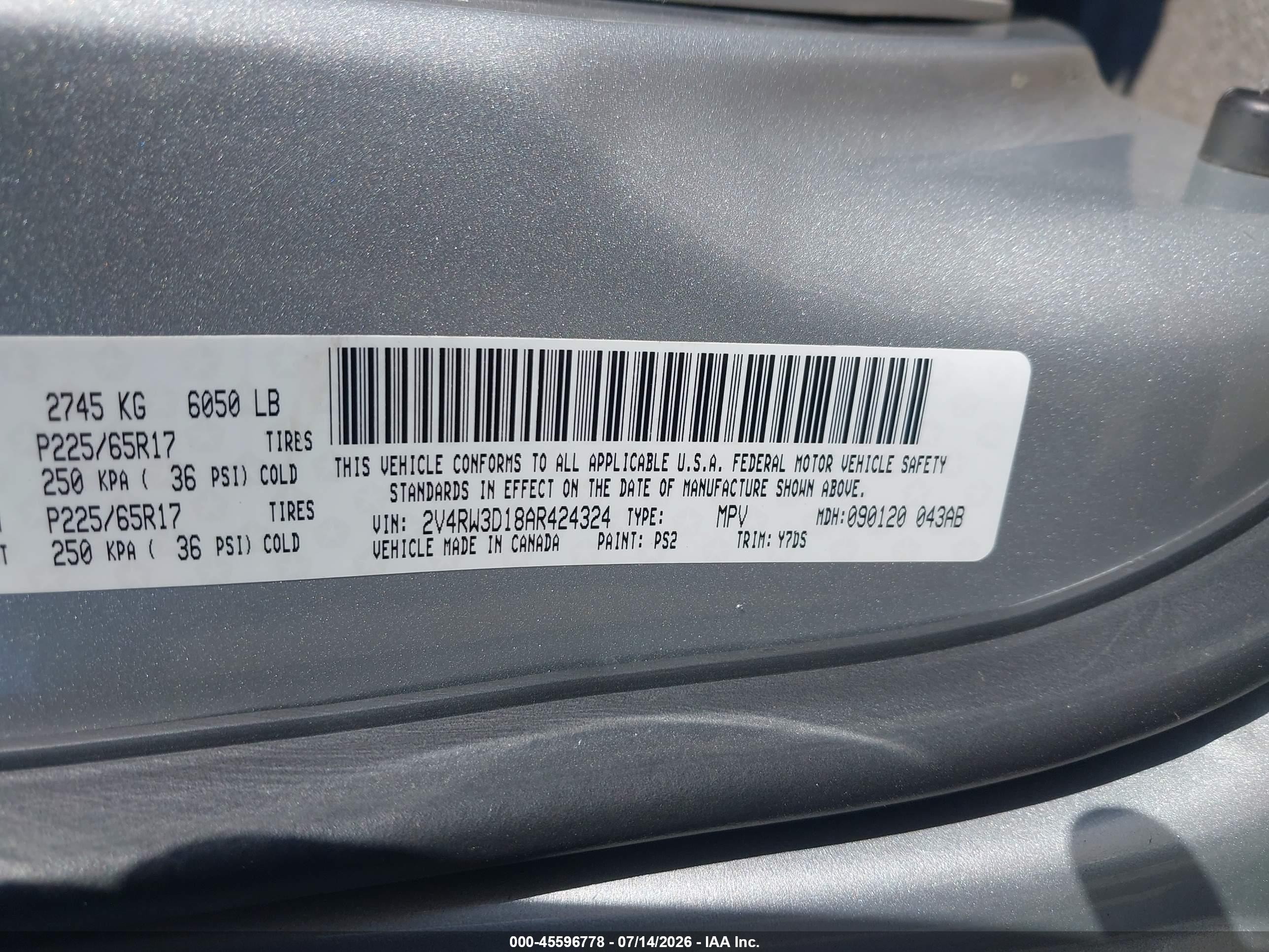 2010 Volkswagen Routan Se Silver vin: 2V4RW3D18AR424324
