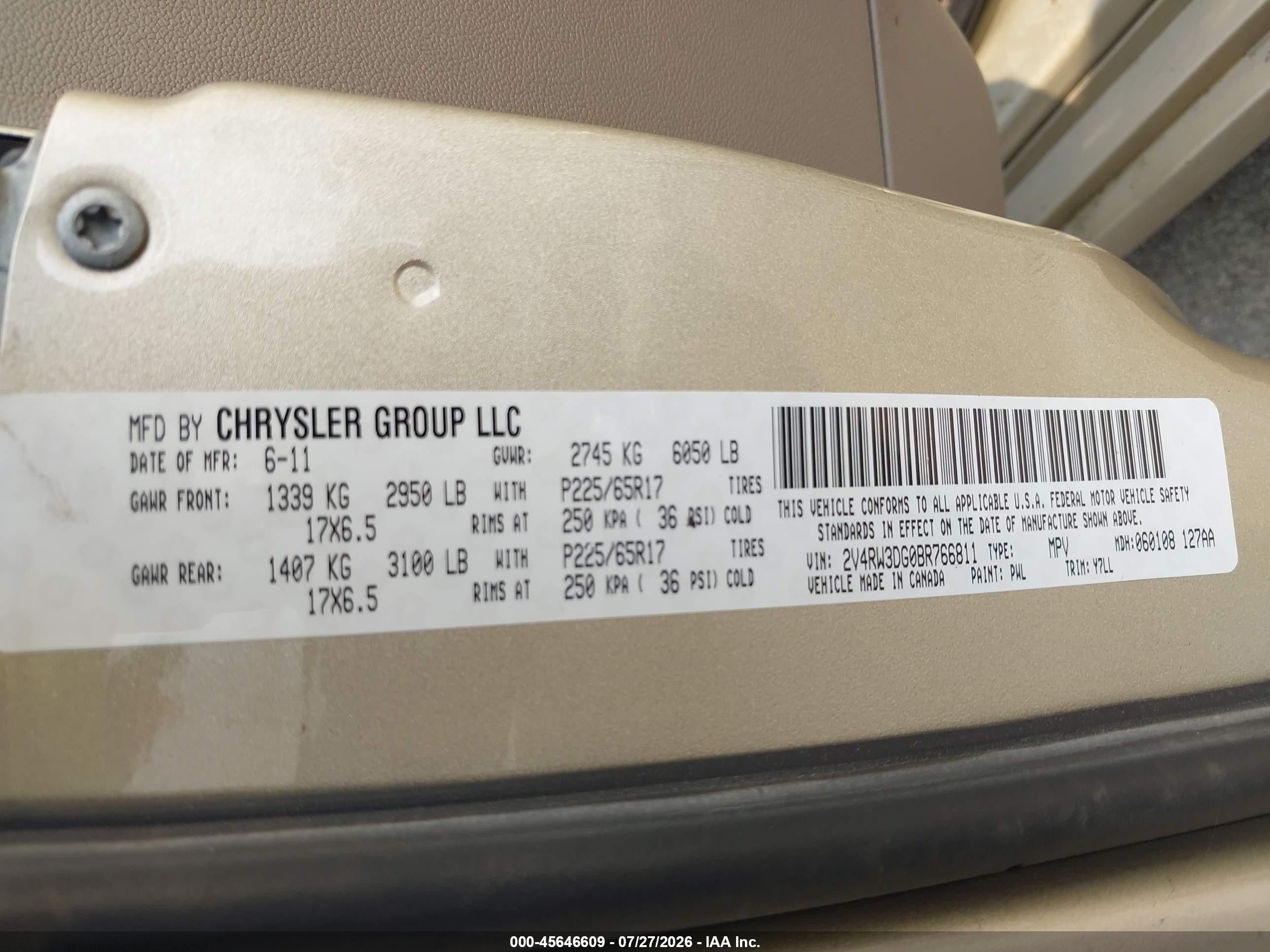 2011 Volkswagen Routan Se Beige vin: 2V4RW3DG0BR766811