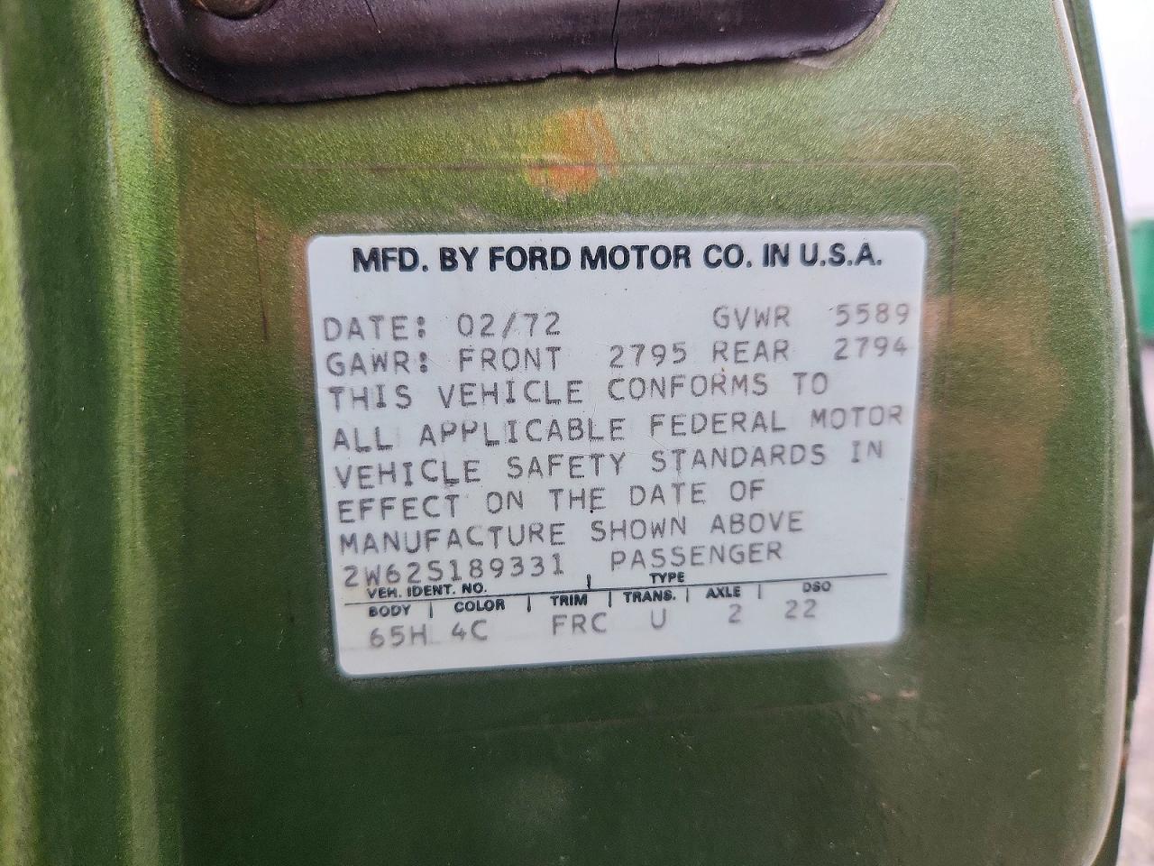 1972 Ford Ltd Green vin: 2W62S189331