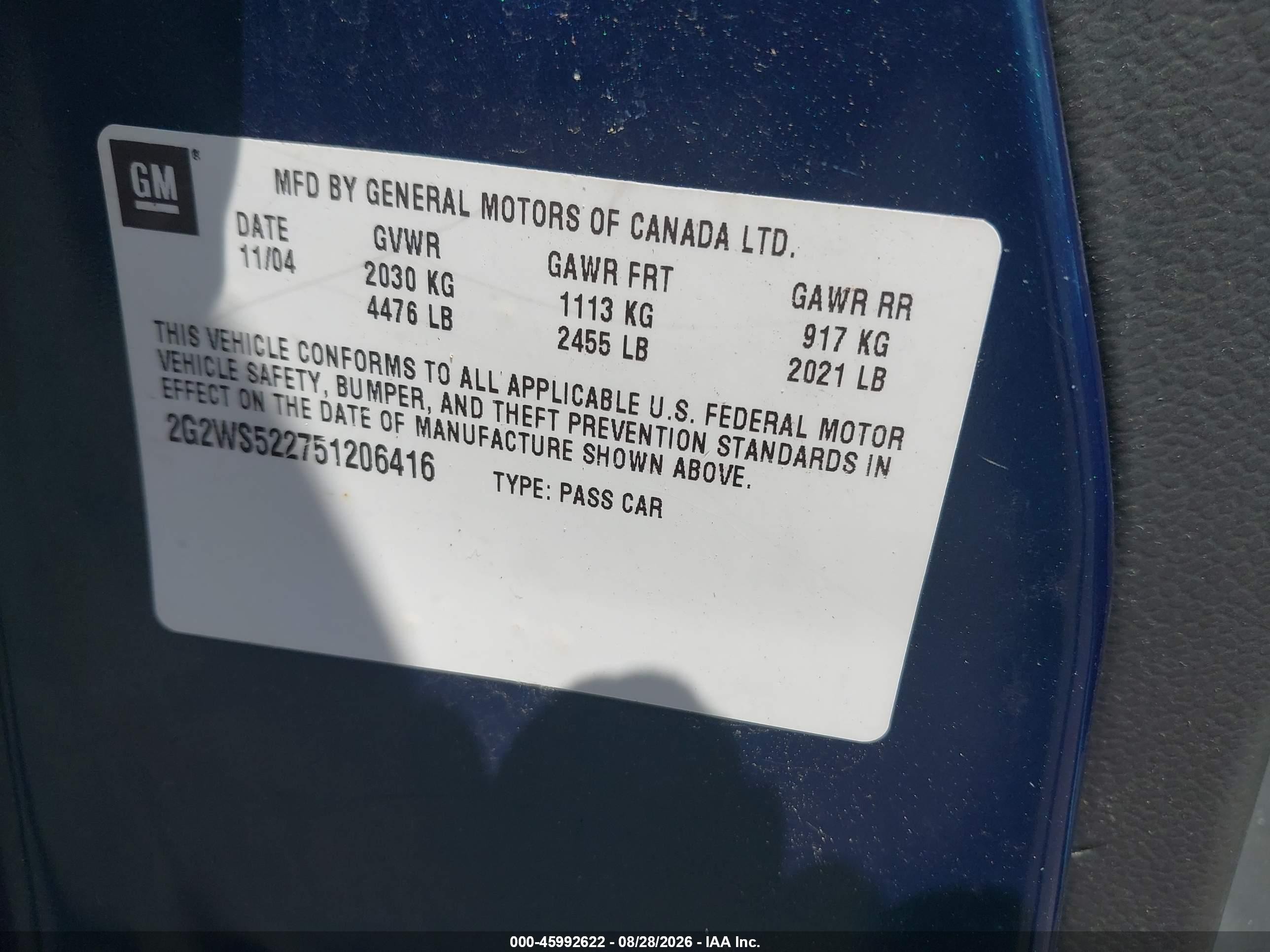 2005 Pontiac Grand Prix Gt Blue vin: 2g2ws522751206416