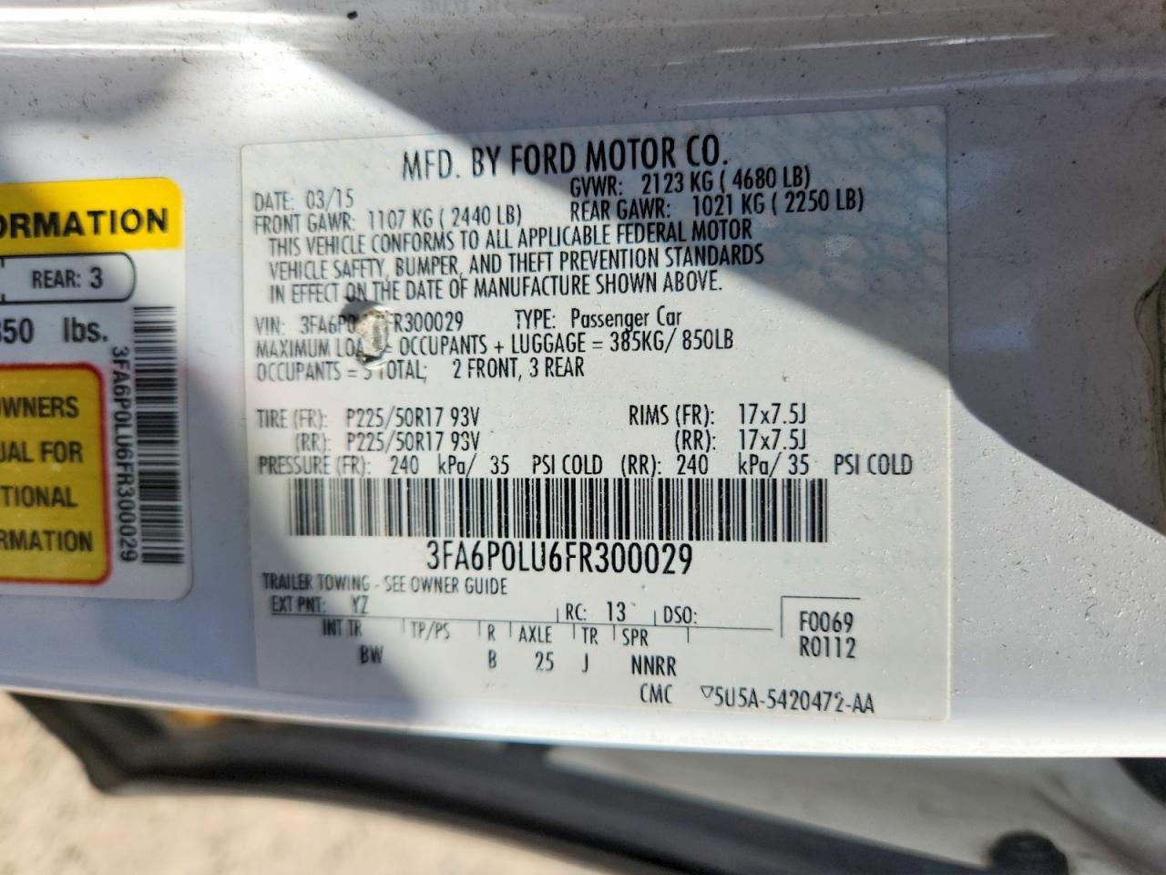 2015 Ford Fusion Se Hybrid White vin: 300029