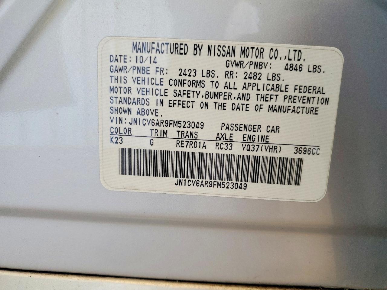 2015 Infiniti Q40 Base Silver vin: JN1CV6AR9FM523049