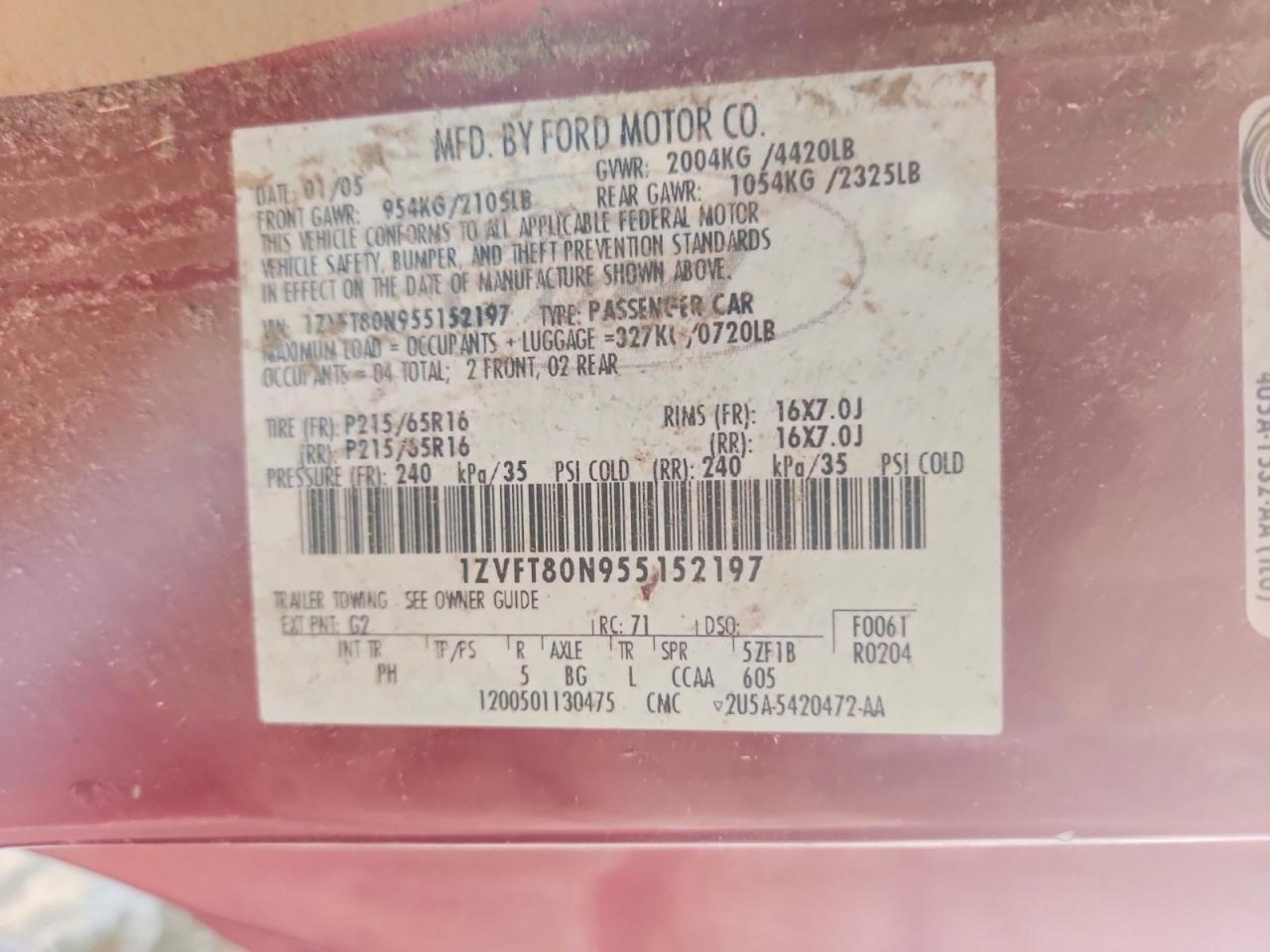 2005 Ford Mustang Maroon vin: 1ZVFT80N955152197