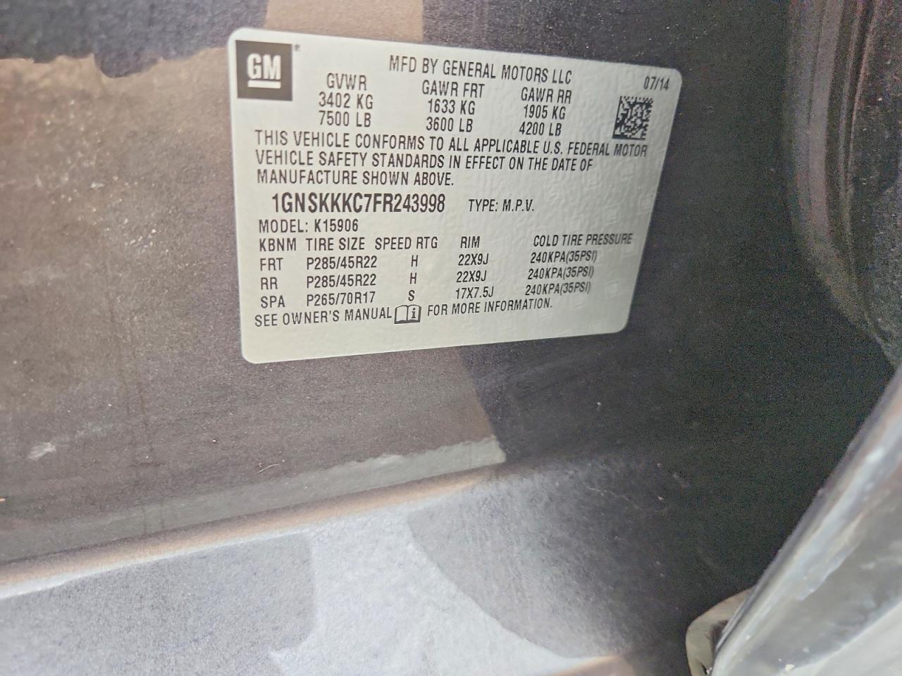 2015 Chevrolet Suburban K1500 Ltz Gray vin: 1GNSKKKC7FR243998