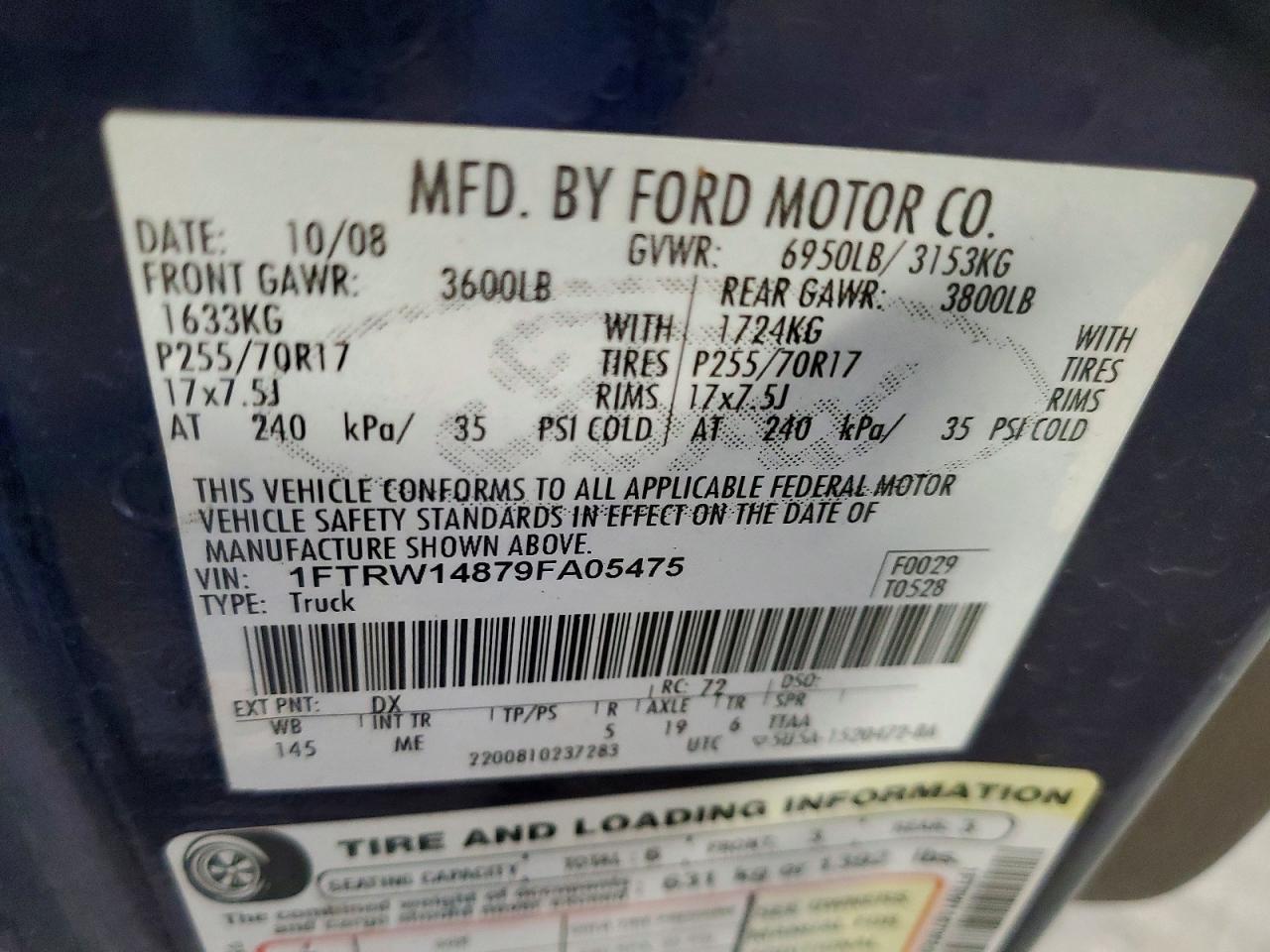 2009 Ford F150 Supercrew Blue vin: 1FTRW14879FA05475