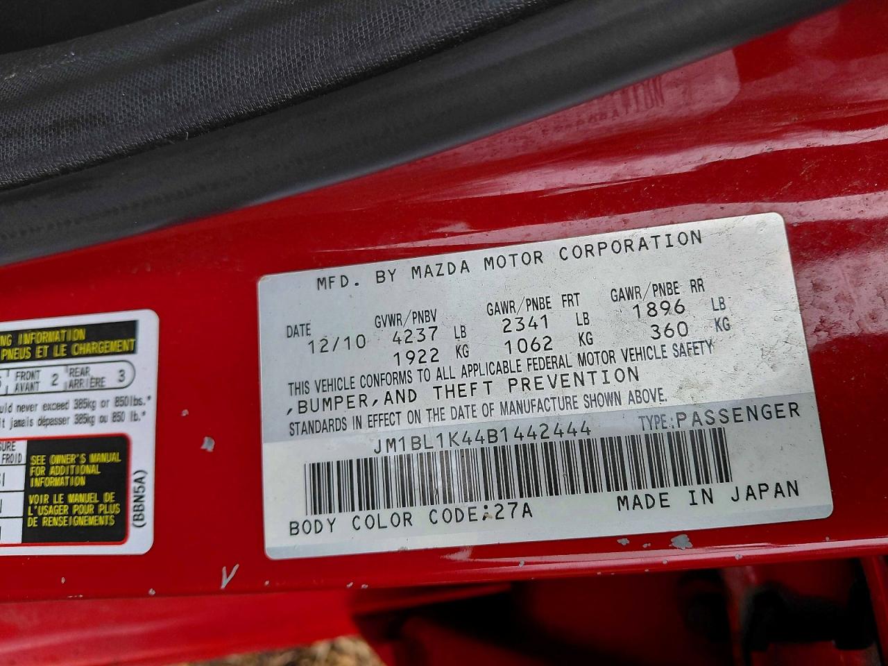 2011 Mazda Speed 3 Red vin: JM1BL1K44B1442444