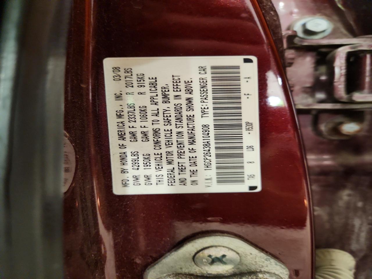 2008 Honda Accord Lxp Maroon vin: 1HGCP26438A104908