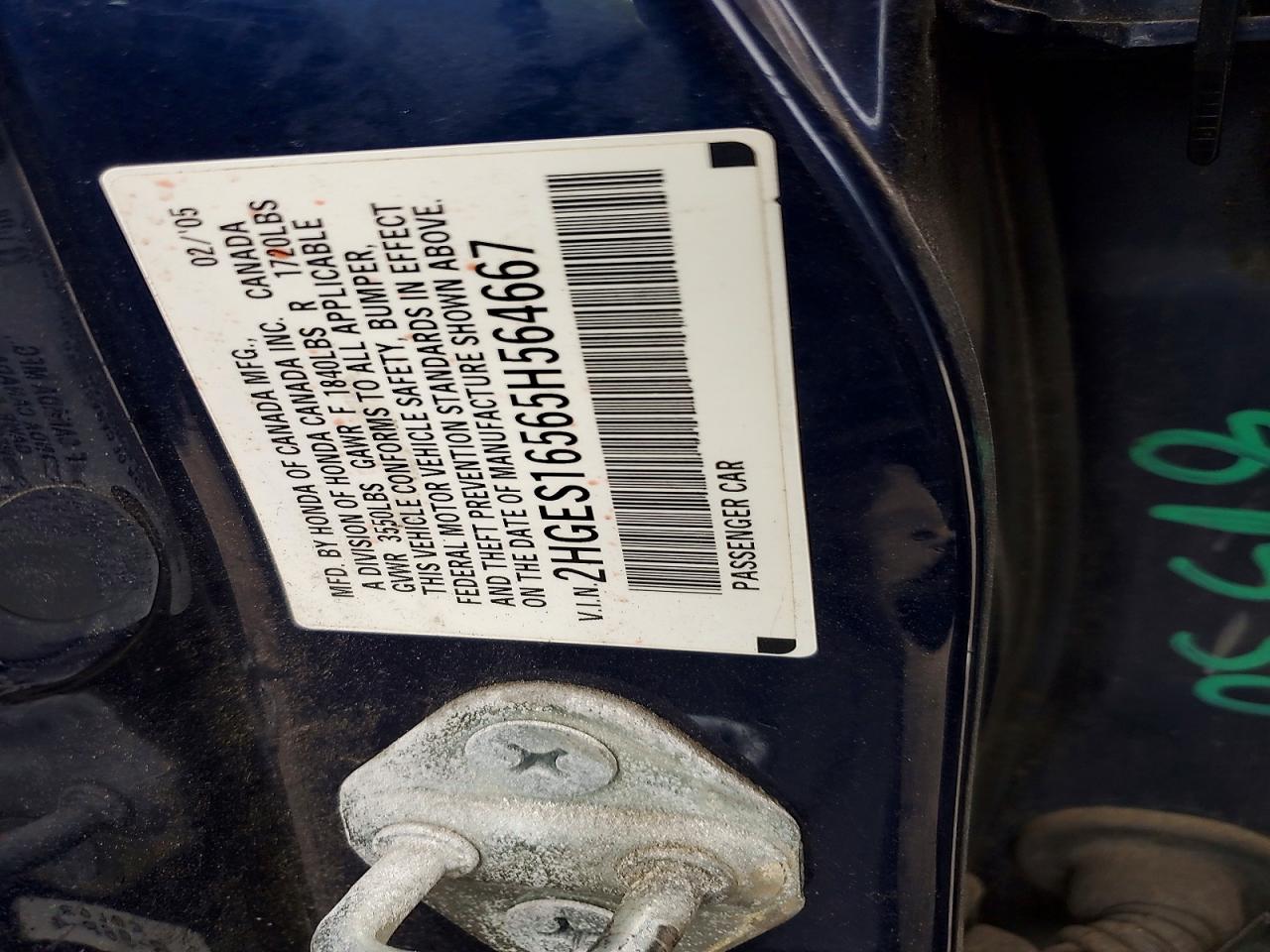 2005 Honda Civic Lx Blue vin: 2HGES16565H564667
