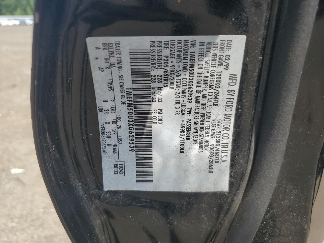 1999 Mercury Sable Gs Black vin: 1MEFM50U3XG629539