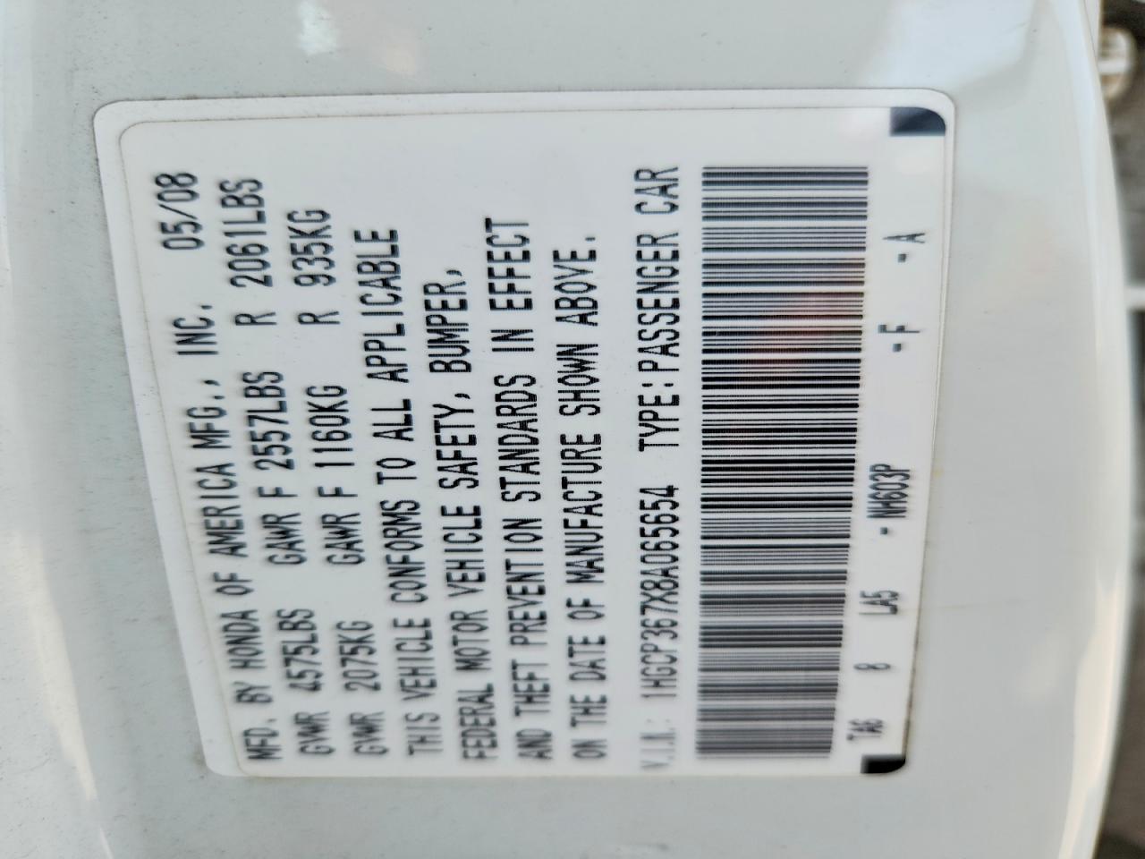 2008 Honda Accord Ex White vin: 1HGCP367X8A065654
