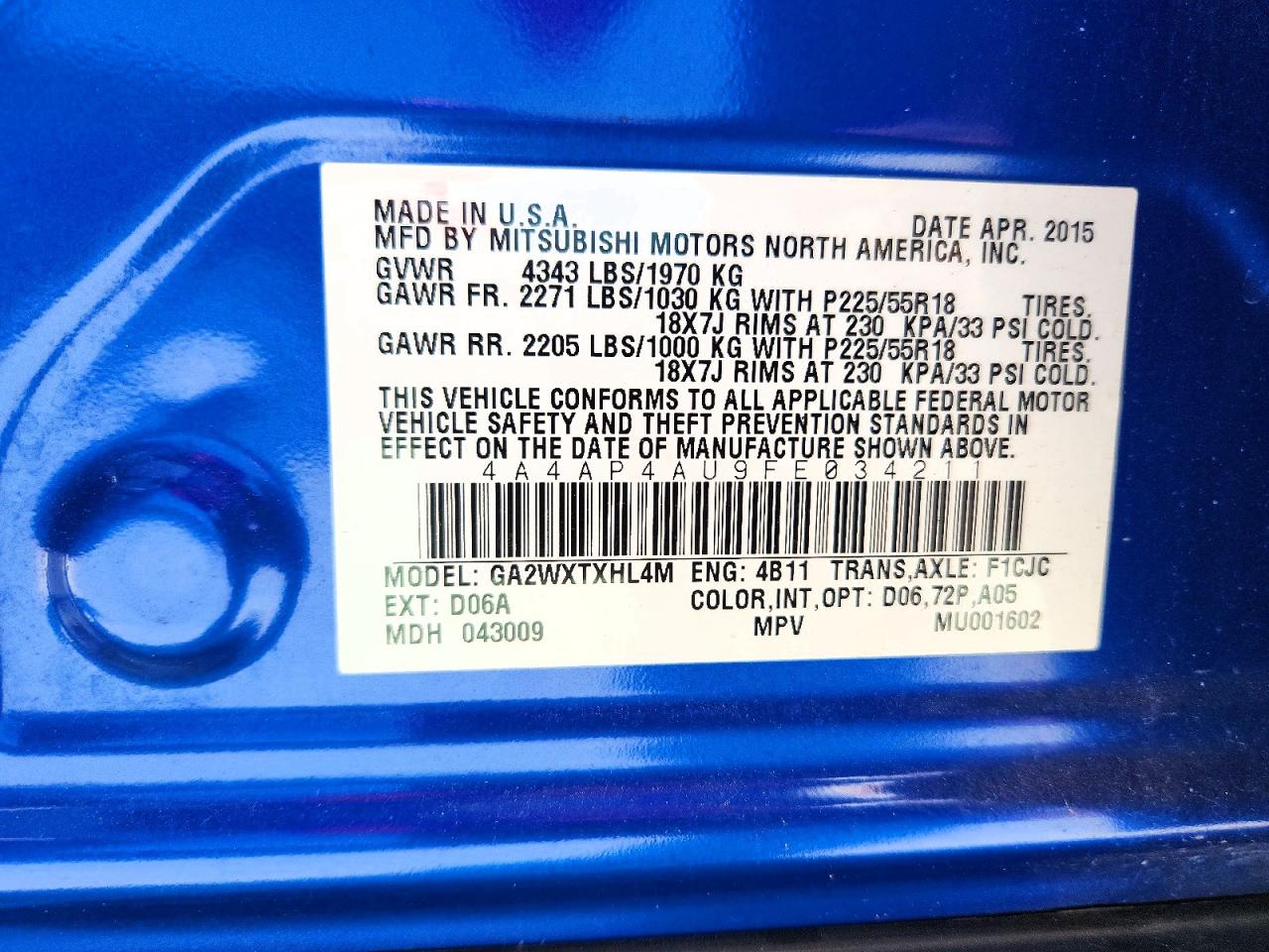 2015 Mitsubishi Outlander Sport Se Blue vin: 4A4AP4AU9FE034211