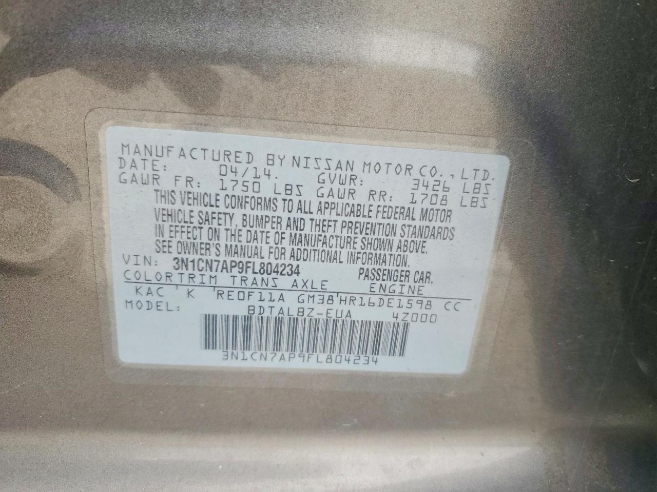 2015 Nissan Versa 1.6 Sv Gray vin: 3N1CN7AP9FL804234