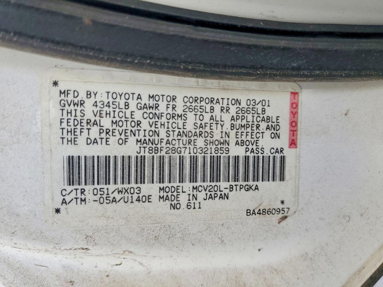 2001 Lexus Es 300 White vin: JT8BF28G710321859