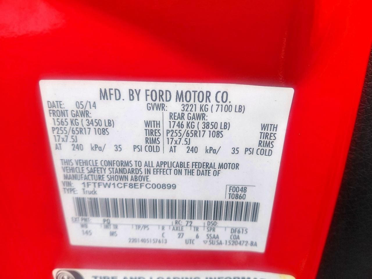 2014 Ford F150 Supercrew Красный vin: 1FTFW1CF8EFC00899