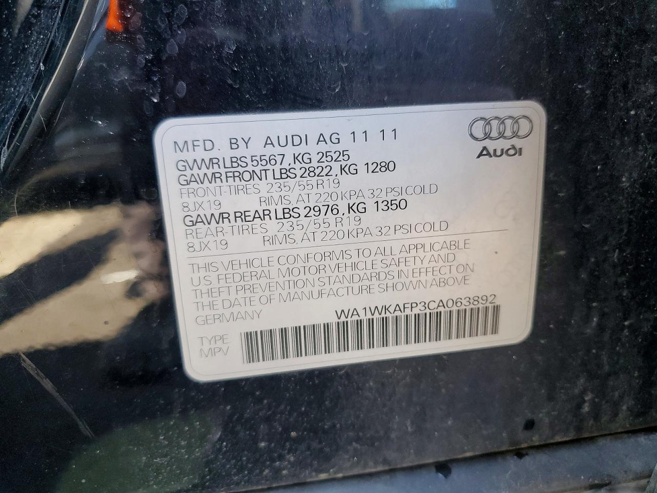 2012 Audi Q5 Prestige Black vin: WA1WKAFP3CA063892